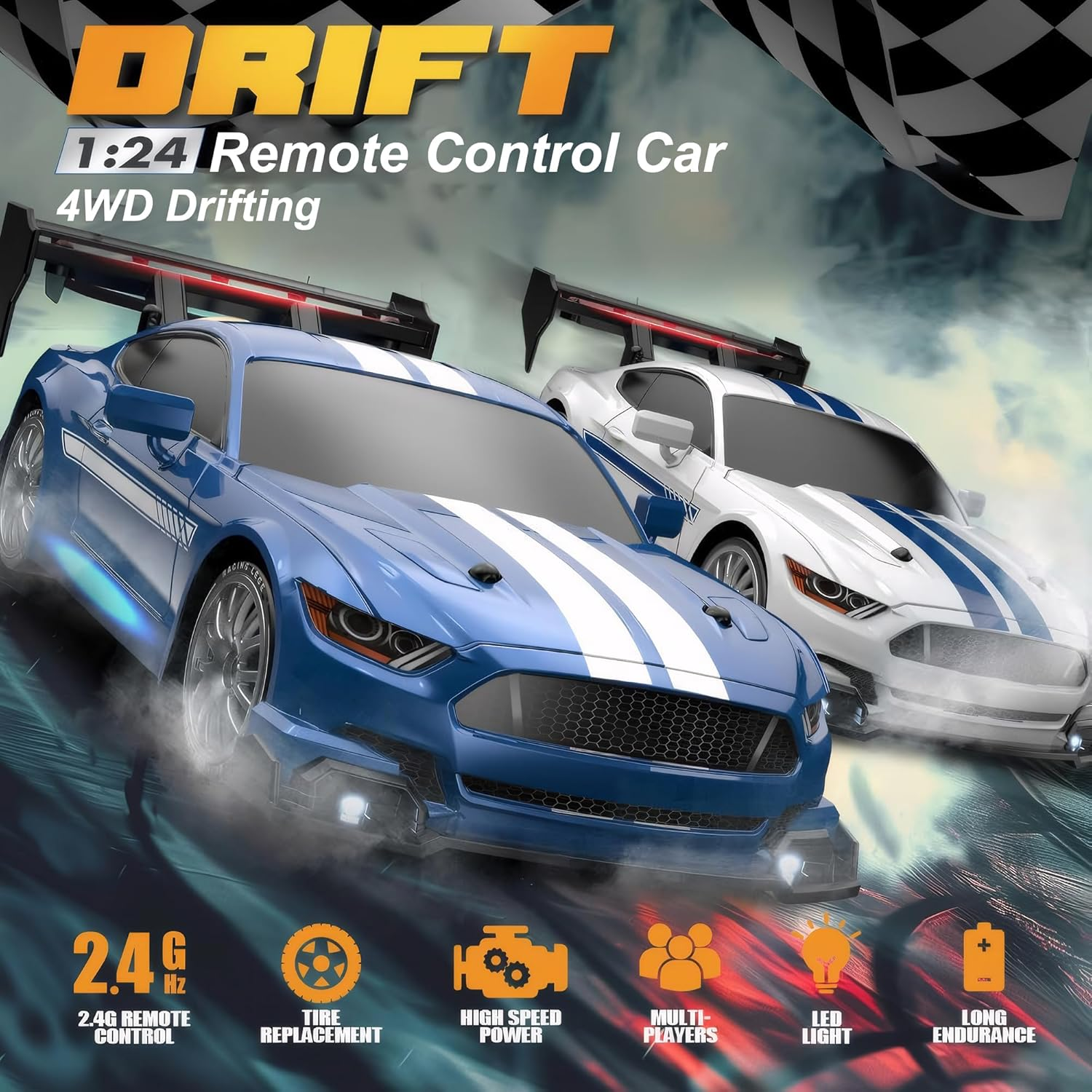 RC Drift Car with LED Lights, 1:24 4WD 2.4Ghz Remote Control Car for Kids Adults (White) - White image number 2