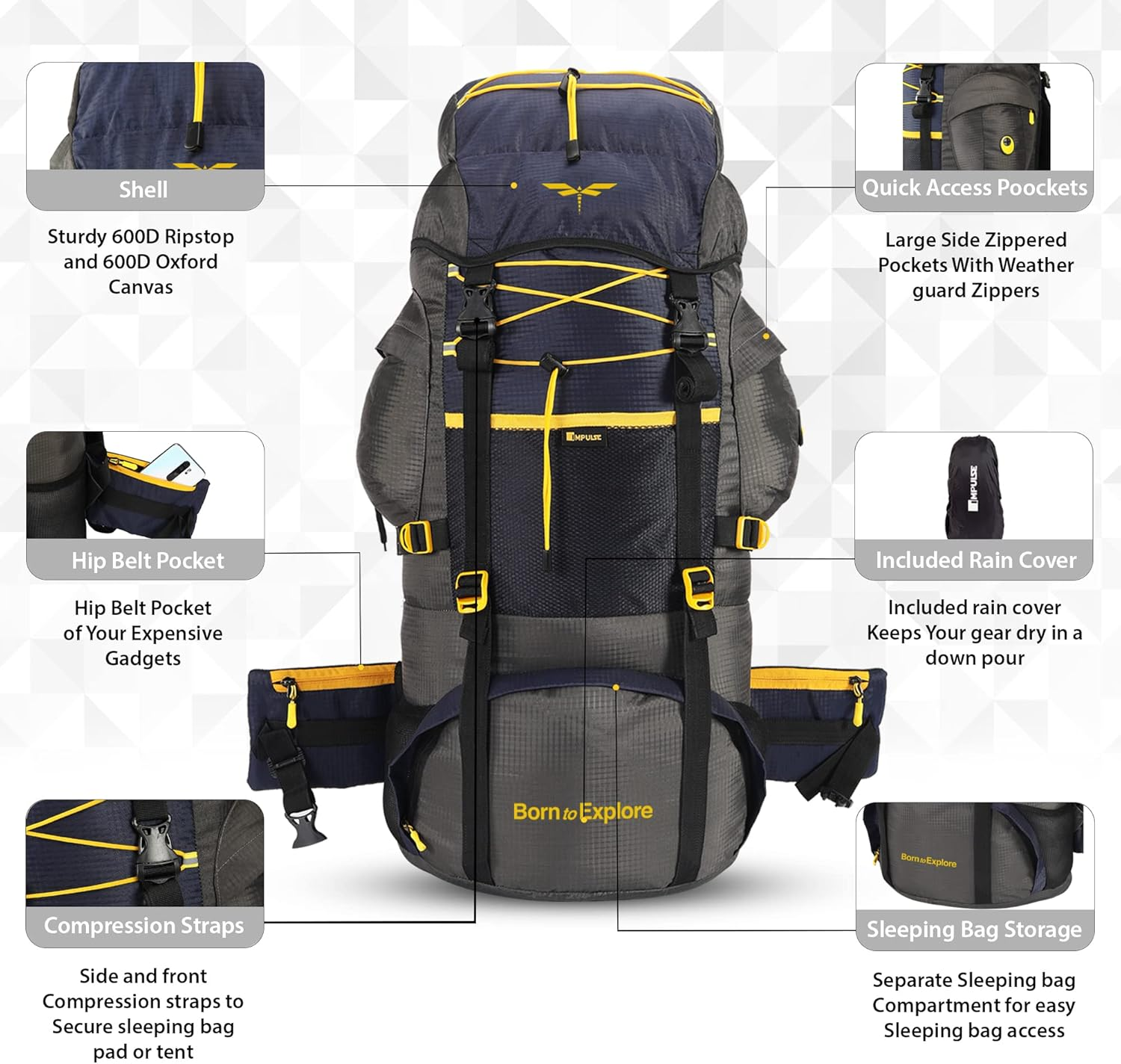 Impulse Rucksack Bags 75 Litres Travel Bag for Men Tourist Bag for Travel Backpack for Hiking Trekking Bag for Men Camping Thames Bag with 1 Year Warranty