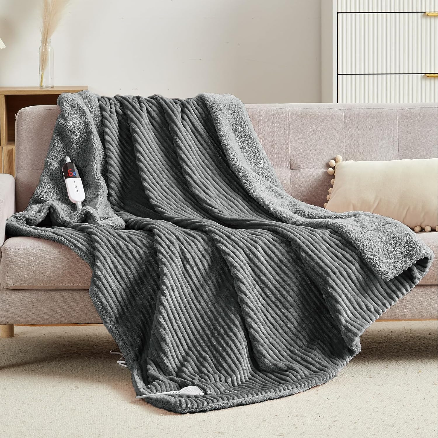 Electric Heated Throw Blanket 160X130Cm, Thick Washable Ribbed Flannel Heating Blanket with 6 Heat Levels, 10 Timer Settings & SAA Certified, Electric Blanket for Bed, Couch & Sofa, Grey image number 5