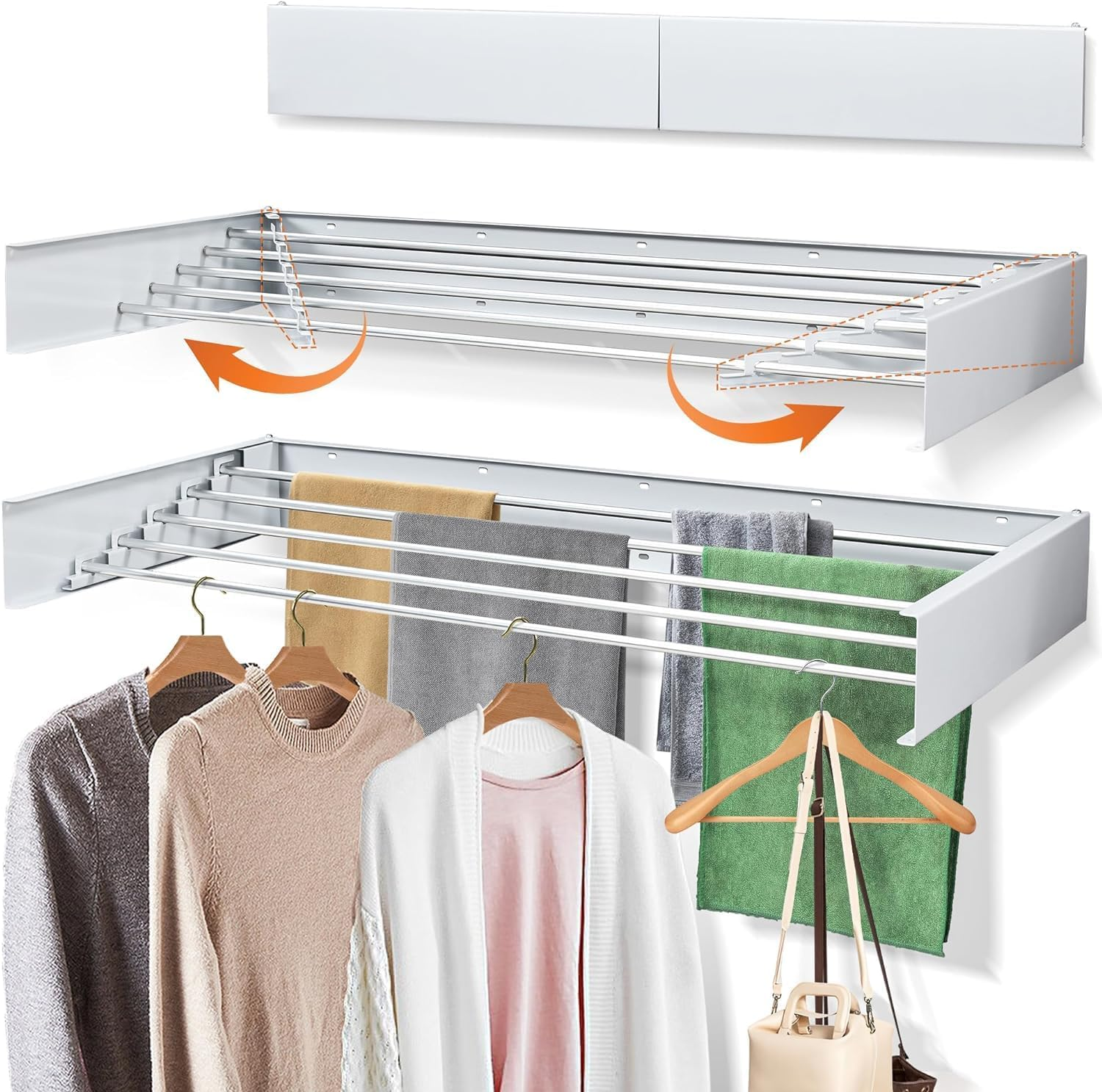 HOMIEST Laundry Drying Rack Collapsible, Wall Mounted Drying Rack, 31.5" Wide, 13.2 Linear Ft, 5 Aluminum Rods, 60 Lb Capacity, Laundry Racks for Drying Clothes with Wall Template Screwdriver Bit