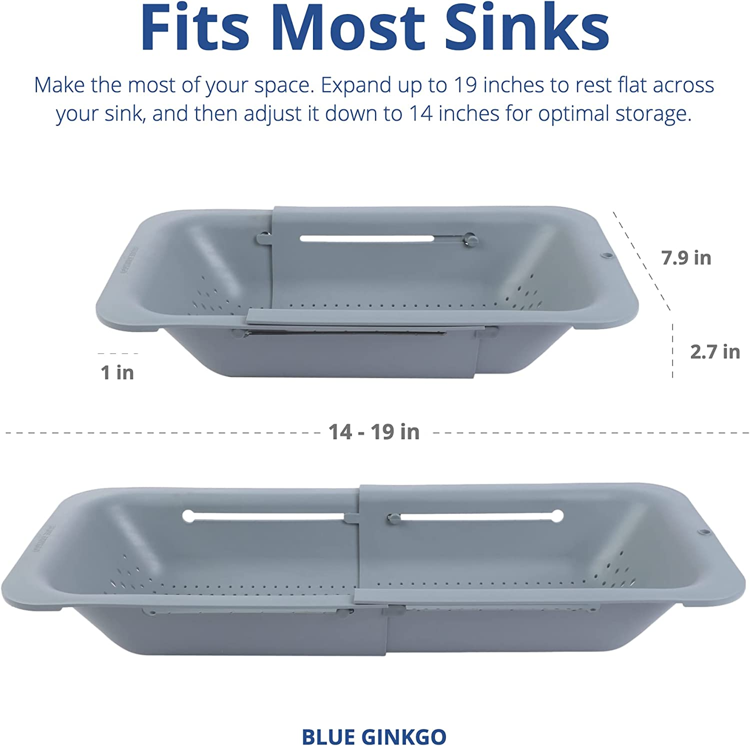 Blue Ginkgo over the Sink Colander Strainer Basket - Wash Vegetables and Fruits, Drain Cooked Pasta and Dry Dishes - Extendable - New Home Kitchen Essentials (7.9W X 14-19L X 2.75H) - Gray - Black image number 3