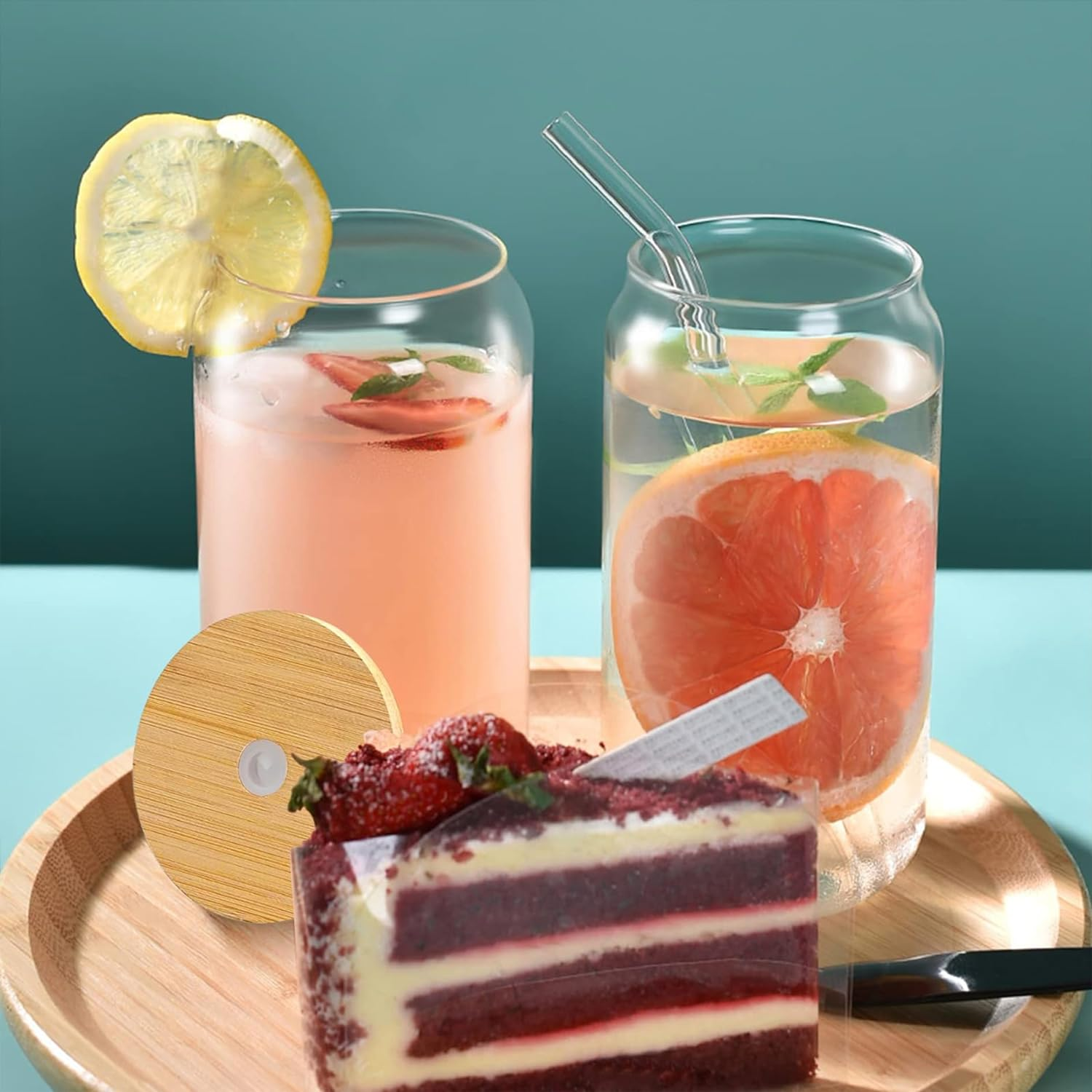 Drinking Glasses Cups with Lids and Straws，And Brushes - 16 Oz Mason Jar Cups Tumbler Cup - Set of 4, Includes Lids and Glass Straws - Perfect for Coffee, Smoothies, Candy，Kitchen，And More!