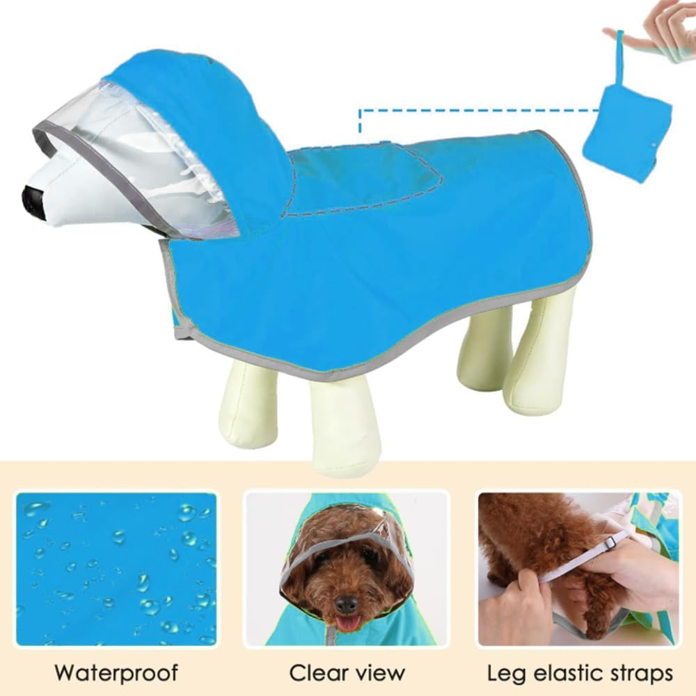 Olsdeeool Adjustable Waterproof Dog Raincoat with Reflective Strip, Lightweight Hooded Pet Rain Jacket with Portable Storage Pocket and Leash Hole (Blue,S) image number 5