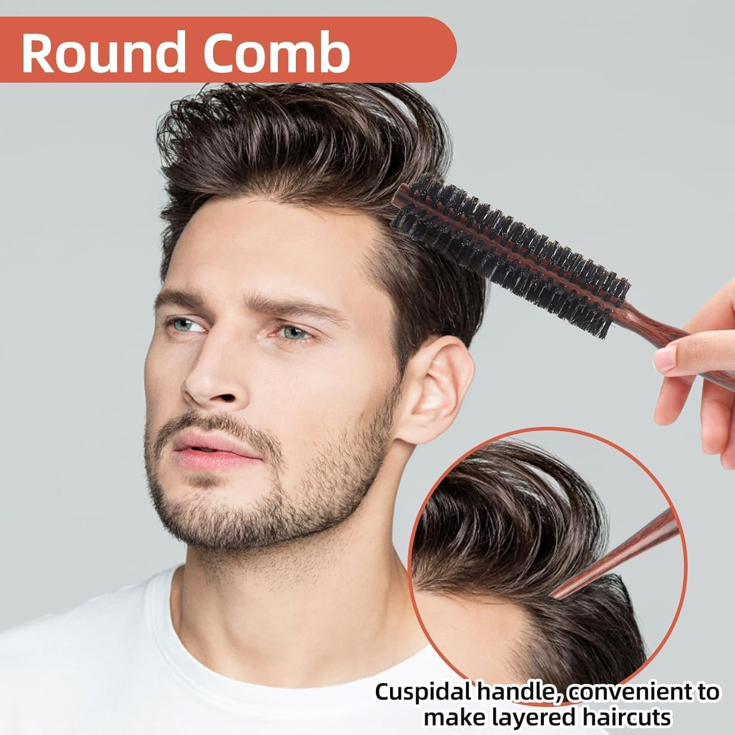 Boar Bristle round Brush, Small Hair round Brush, Portable Natural Bristles, Hair Brush, Travel Brush with Wooden Handle for Short Hair, Thin Long Hair, Mini Beard Brush for Men and Women image number 2