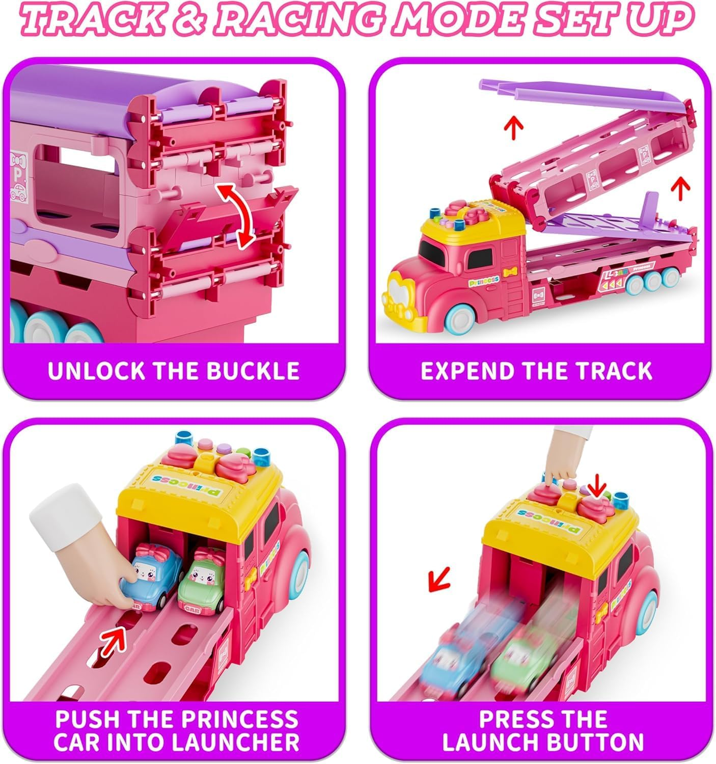 Car Toys for Age 2 3 4 5 6 7 Year Girl Toddler, Foldable Track & 2 Player Race Mode Game, Light & Sound Push Transport Carrier Truck W/ 6 Princess Car, Birthday Gift Idea for Kid image number 3