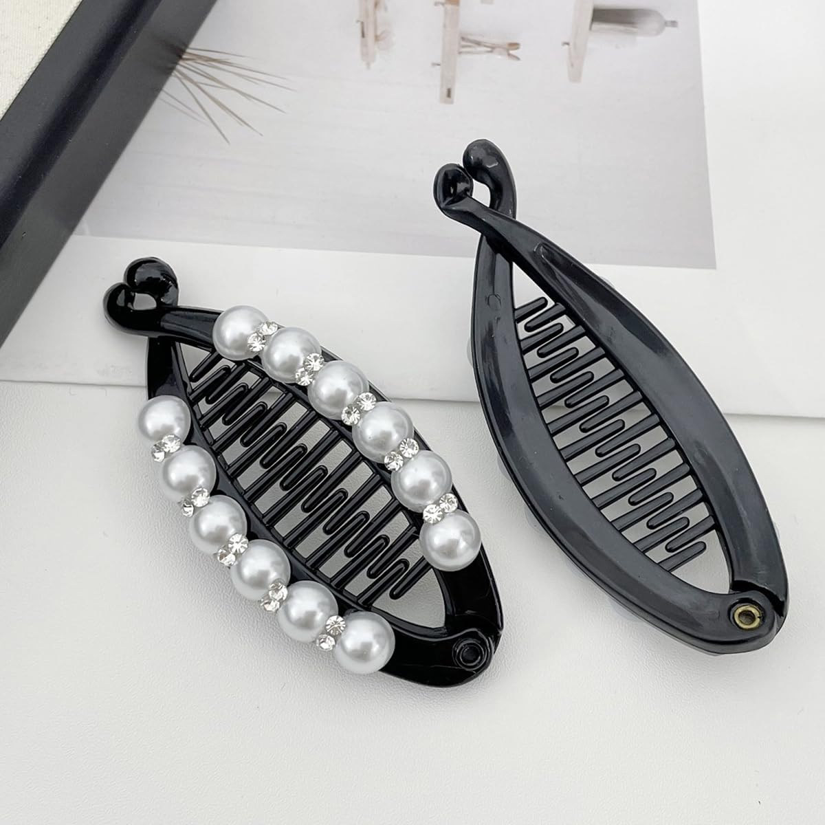 Faux Pearl Banana Clips Hair Clincher Combs Fishtail Hair Claw Clips Grips Clamp Fish Shape Barrette Ponytail Holder Clip Hair Accessories for Women 4 Pcs image number 5