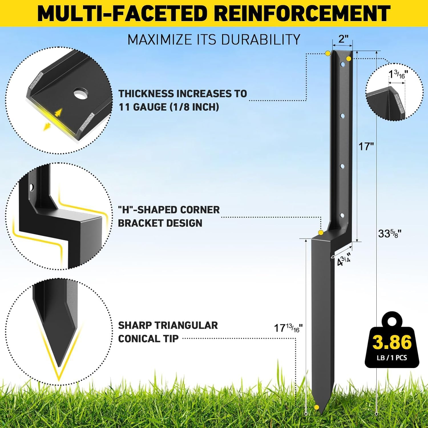 2 Pack Thicker Fence Post Repair Kit, Steel Fence Post Stakes, 34 Inches Anchor Ground Spike for Repairing Broken Wood Fence Post image number 1