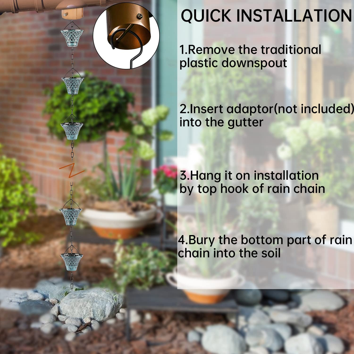 Tfro & Cile Rain Chain Gutter Downspout Catcher outside Water Diverter Decorative Garden Rain Cups Chime Home Decor - 8 1/2 Feet Long image number 6