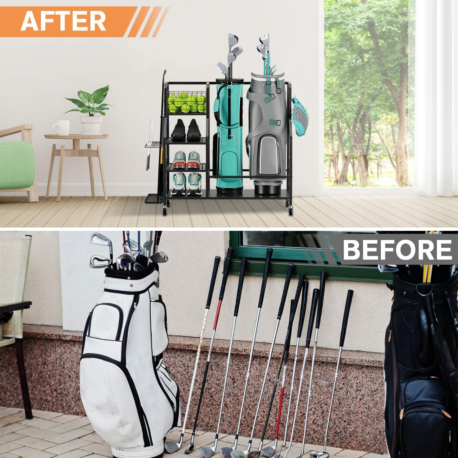 Golf Storage Organizer Golf Bag Storage Stand Golf Bag Organizer Garage Sport Equipment Storage Rack with Wheels Golf Equipment Rack with 4 Removable Hooks Large Capacity for Golf Storage Accessories image number 5