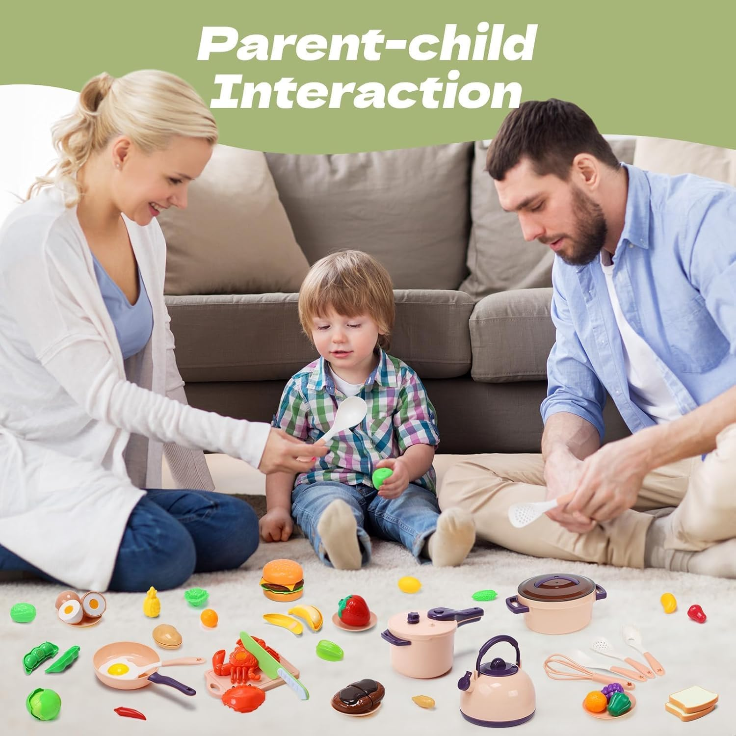 61 Piece Mini Play Kitchen Accessories for Kids, Pretend Cooking Playset with Pots, Pans, Utensils, Cutting Fun Fruits & Veggies, Learning Gift for Toddlers, Girls & Boys (Green) - Green image number 2