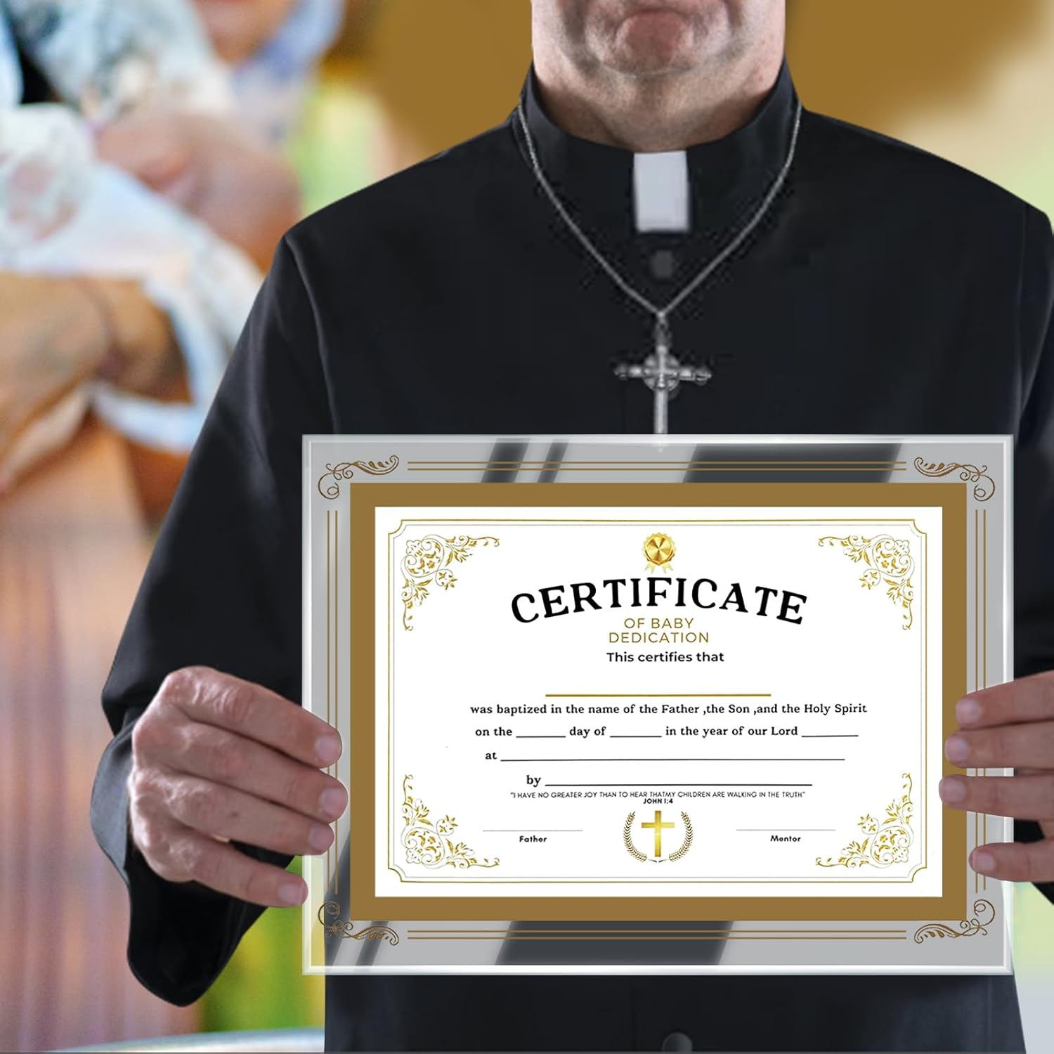 Baptism Certificates for Church, with Glass Frame, Perfect Baptism Keepsake, Gold Foil Cross Certificates of Baby Christening Dedication