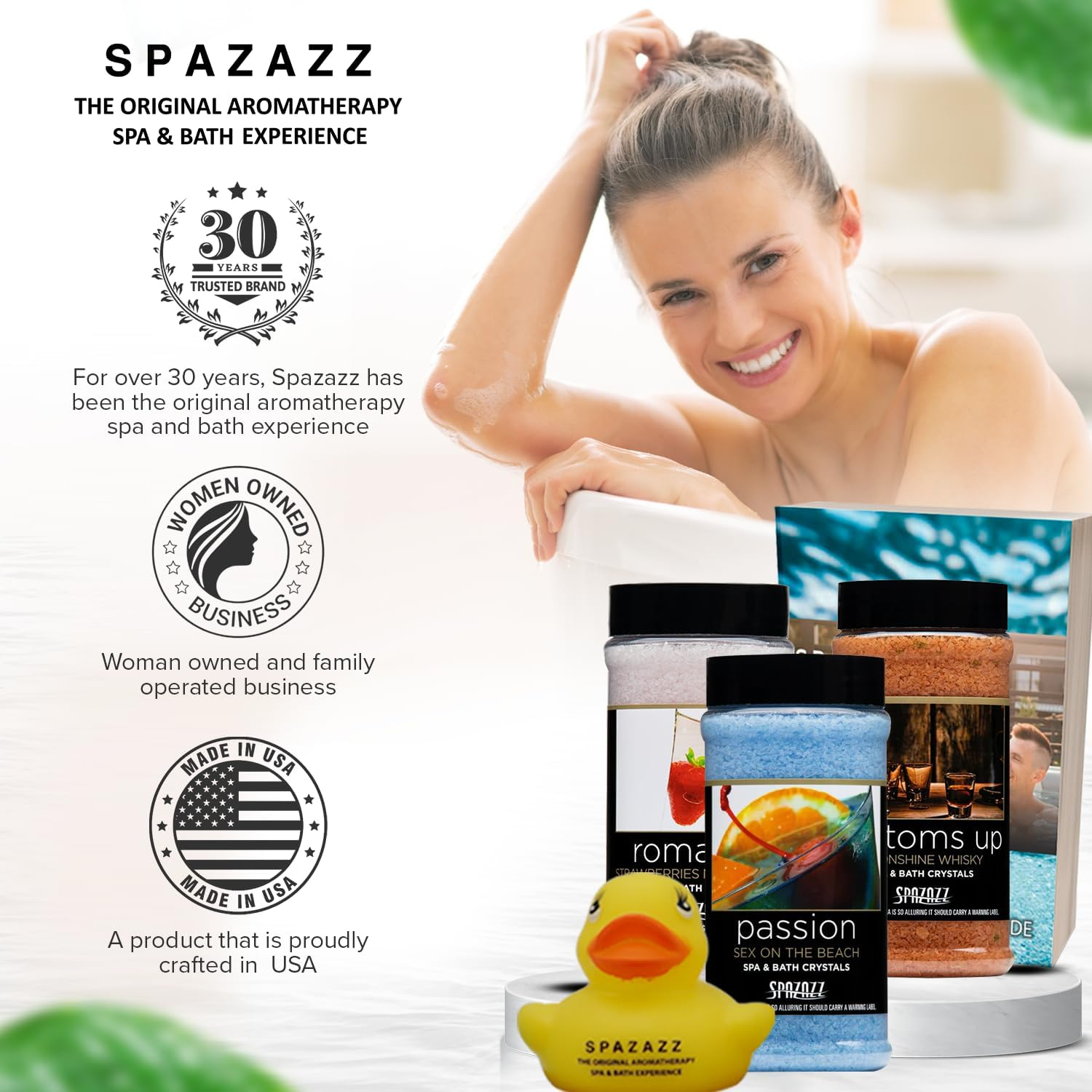 Spazazz Hot Tub Aromatherapy Set the Mood Gift Bundle &ndash; Three 17 Oz Bath Salts in Bottoms Up, Passion & Romance with Rubber Duck & Hot Tub Care Ebook image number 4