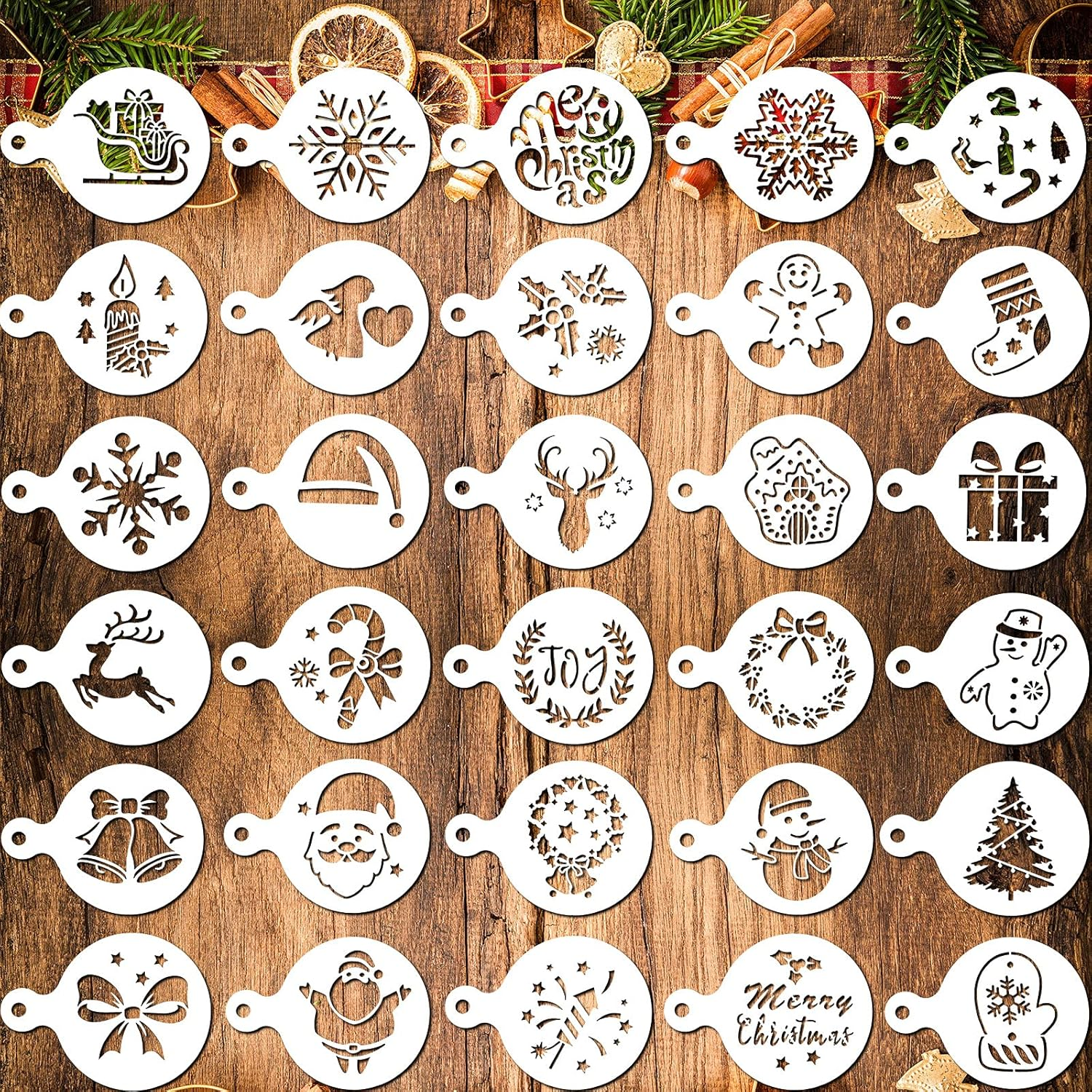 30 Pieces Christmas Cookie Stencils Templates Decorations Christmas Coffee Baking Painting Mold Tools Plastic Cookie Coffee Decorating Stencils Reusable Xmas Baking Tools for Christmas Baking DIY image number 3