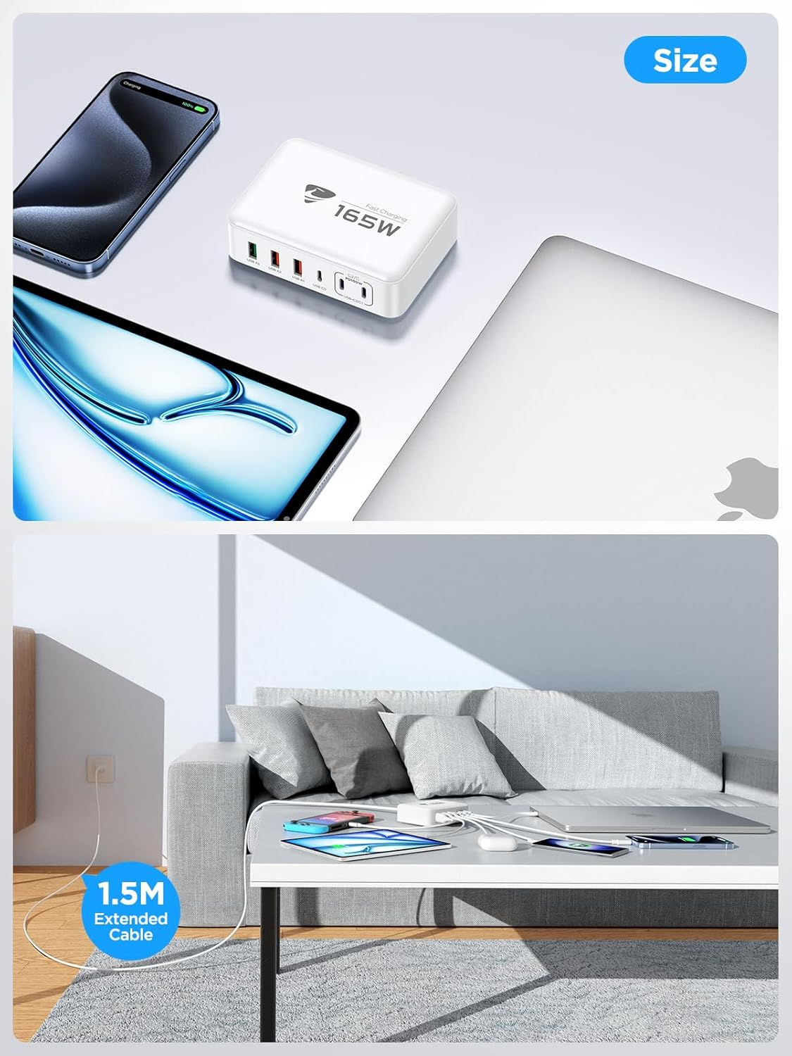 Aioneus USB C Fast Charger, 165W Portable Charging Station Hub Block, 6 Port Gan Multi Wall Charger Power Strip Adapter Plug for Iphone 16 15 14 13 12 Pro Max Samsung Galaxy, Google Pixel, Ipad image number 4