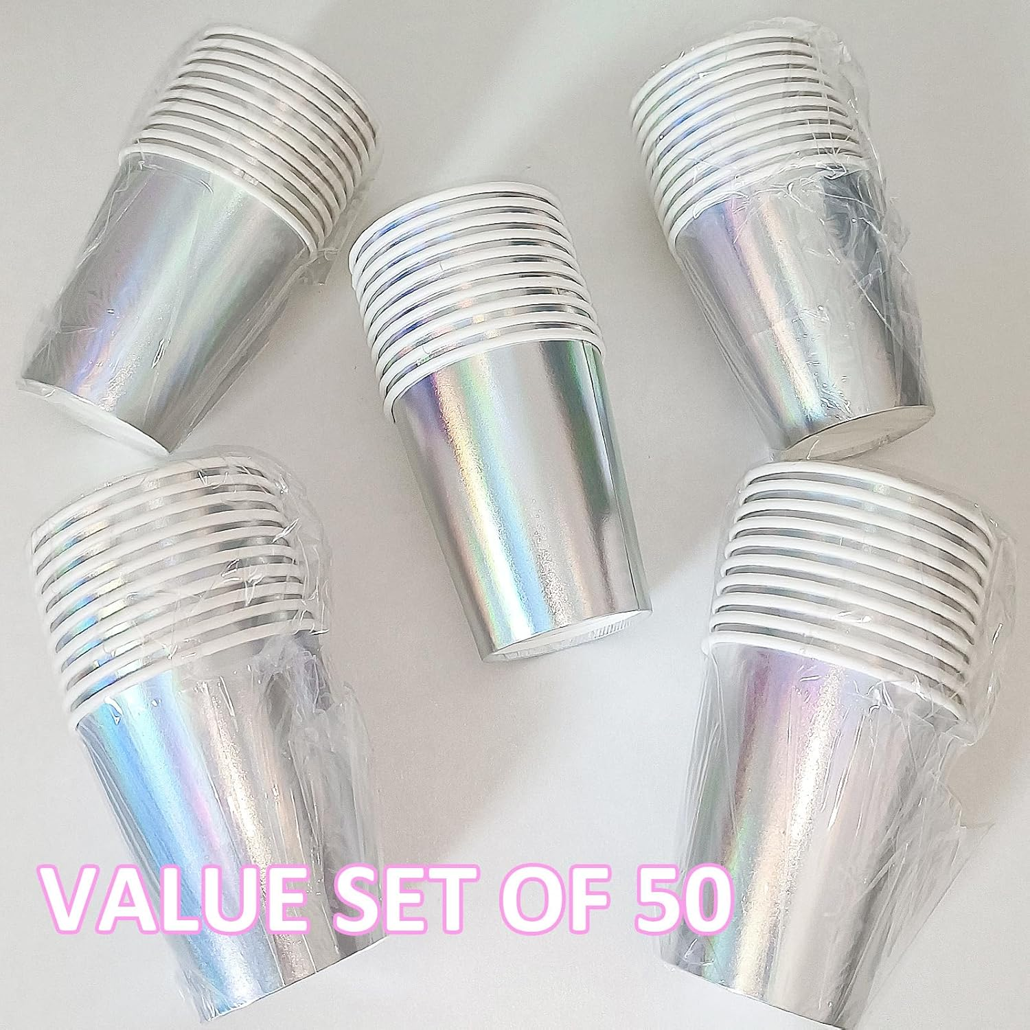 Eacitown 50 Pcs Iridescent Paper Cups Disco Party Cups Rainbow Silver Mermaid Unicorn Themed Birthday Party Supplies 9OZ image number 1