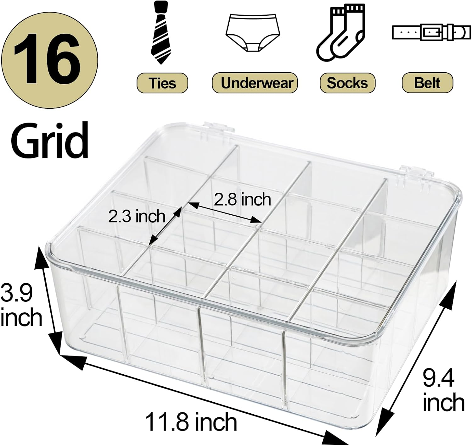 ZEXALOR Socks Underwear Drawer Organzier Dividers, 16 Compartment Removable Divided Plastic Storage Bin with Lid, Storage Organizer for Scarves Ties Bras, Clear Dresser Drawer Organizers - Large-16 Grids image number 5