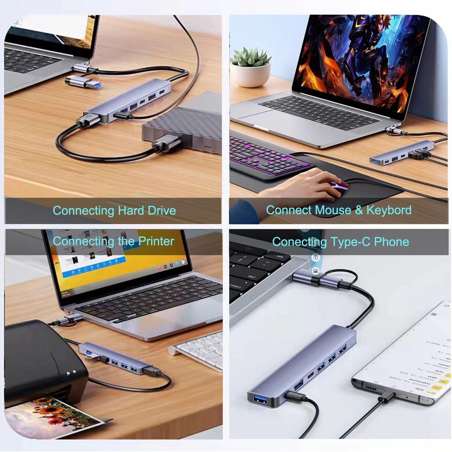 VIENON USB C Hub USB Hub 3.0, Aluminum 7 in 1 USB Extender, USB Splitter with 1 X USB 3.0, 4 X USB 2.0 and 2 X USB C Ports for Macbook Pro Air and More Pc/Laptop/Tablet Devices image number 1