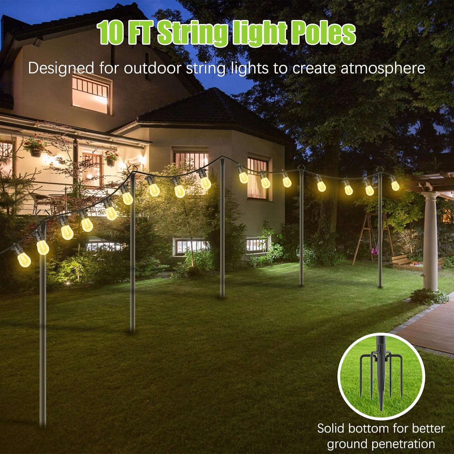 6 Pack 10FT String Light Poles, Metal Light Pole for outside String Lights with Fork, Hanging Light Pole for Patio, Adjustable Outdoor Lighting Poles for Backyard,Garden,Deck,Party,Wedding image number 1
