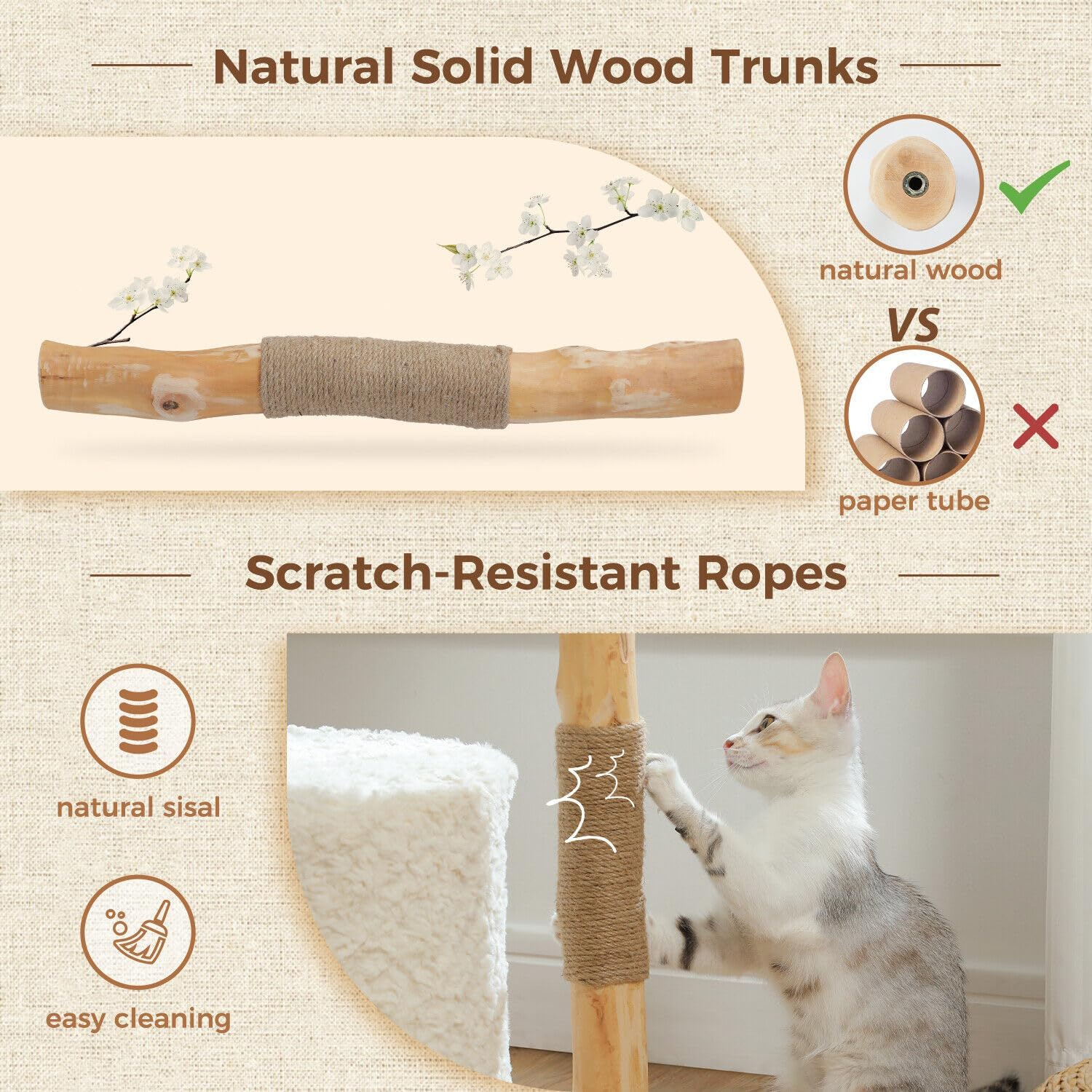 PAWZ Road Modern Cat Tree, Real Wood Cat Tower for Indoor Large Cats, Luxury Cat Furniture with Large Cozy Hammock(Dia=40Cm),Spacious Cat Condo,Baskets Perch and Dangling Ball White image number 3