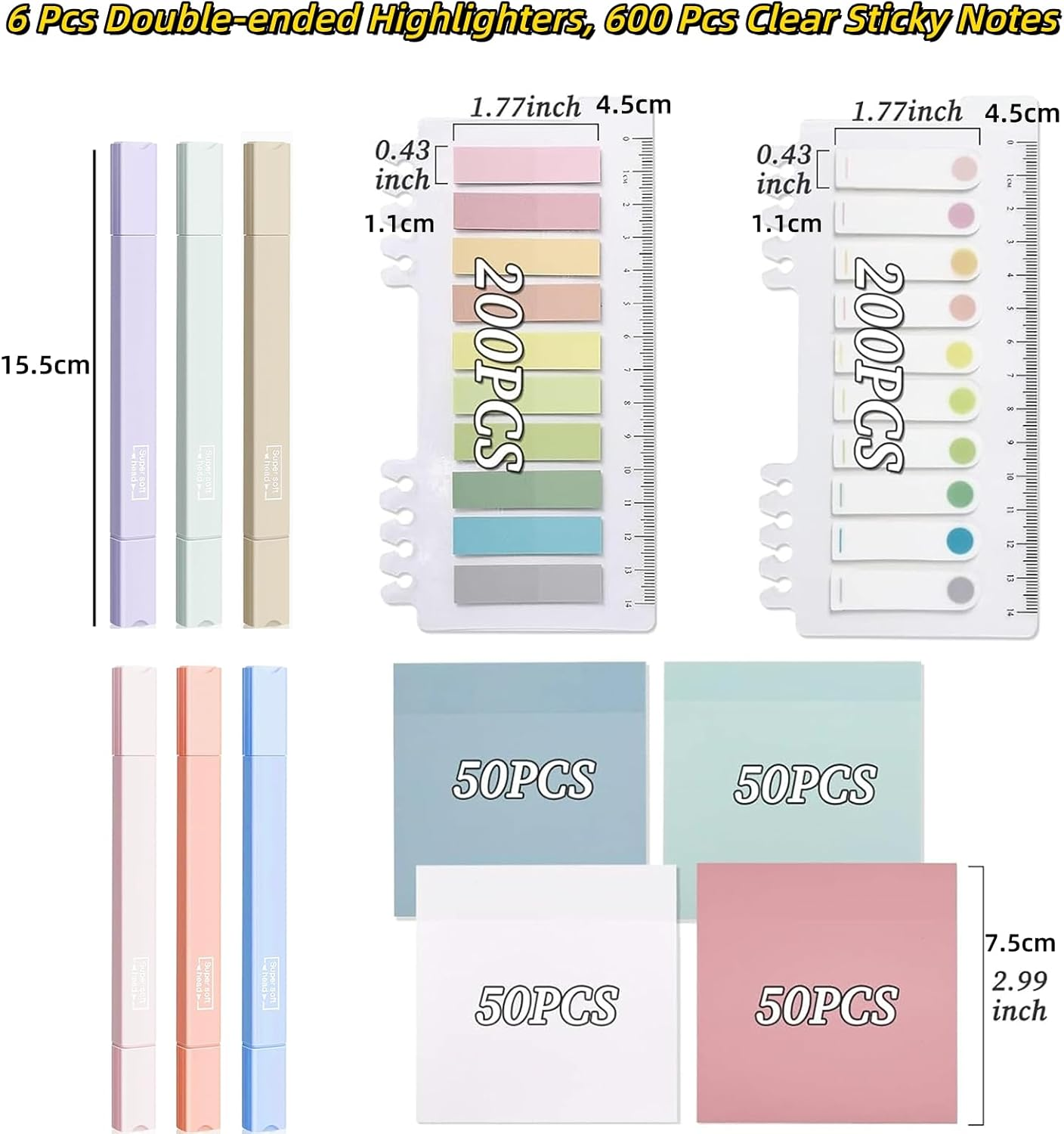 MAIHUO 6 Pcs Aesthetic Highlighters and 600 Sheets Transparent Sticky Notes,Sticky Note Transparent with Marker Pens Set,For Aesthetic Bible Marker Book Annotations School Supplies Office Supplies