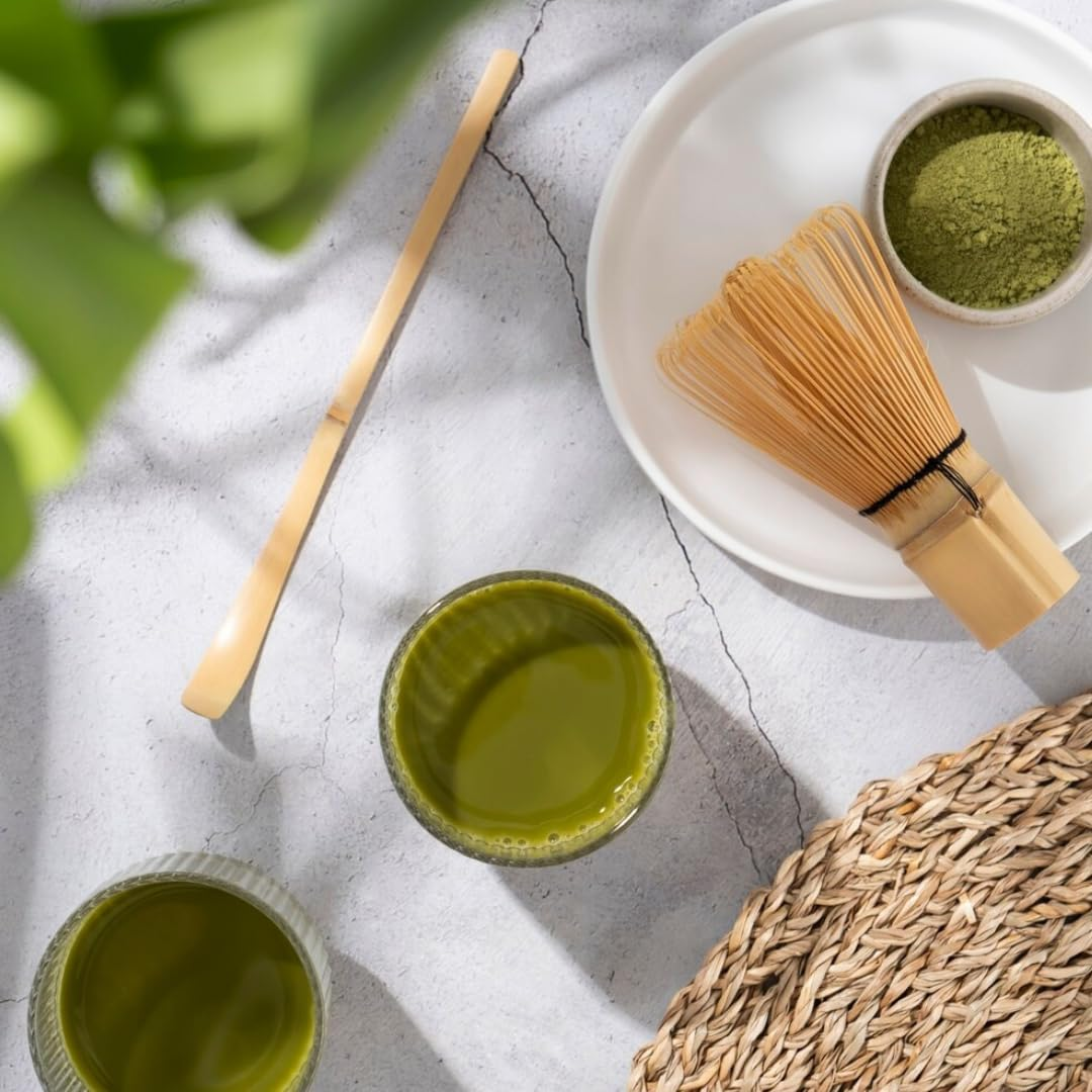 Premium 5Pcs Japanese Matcha Whisk Set &ndash; Includes 500 Ml Matcha Bowl with Spout, Bamboo Chasen Whisk, Whisk Holder, Sieve and Scoop &ndash; Elegant Mottled Green Glaze with Vertical Pattern image number 2