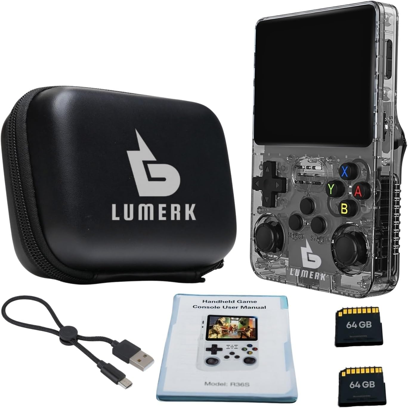 Lumerk R36S Handheld Retro Game Console Air Version(V2.0), 3.5 Inch IPS Screen with Emulator System, 15,000+ Built-In Classic Games, Portable Gaming Console with Dual 3D Joysticks (Transparent Purple)