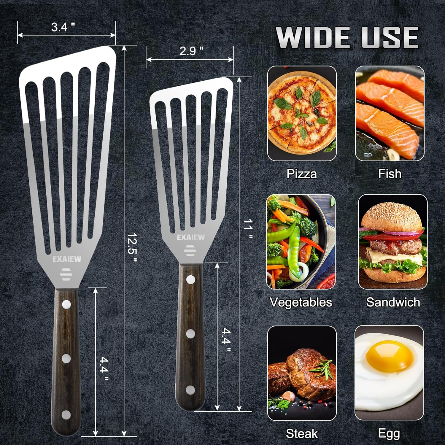2 Pack Fish Spatula Stainless Steel, Flexible Fish Turner Spatula Perfect for Flipping Eggs, Burgers and Baking, Durable Lightweight Metal Kitchen Slotted Turner for Cooking & BBQ [Wooden Handle] image number 4