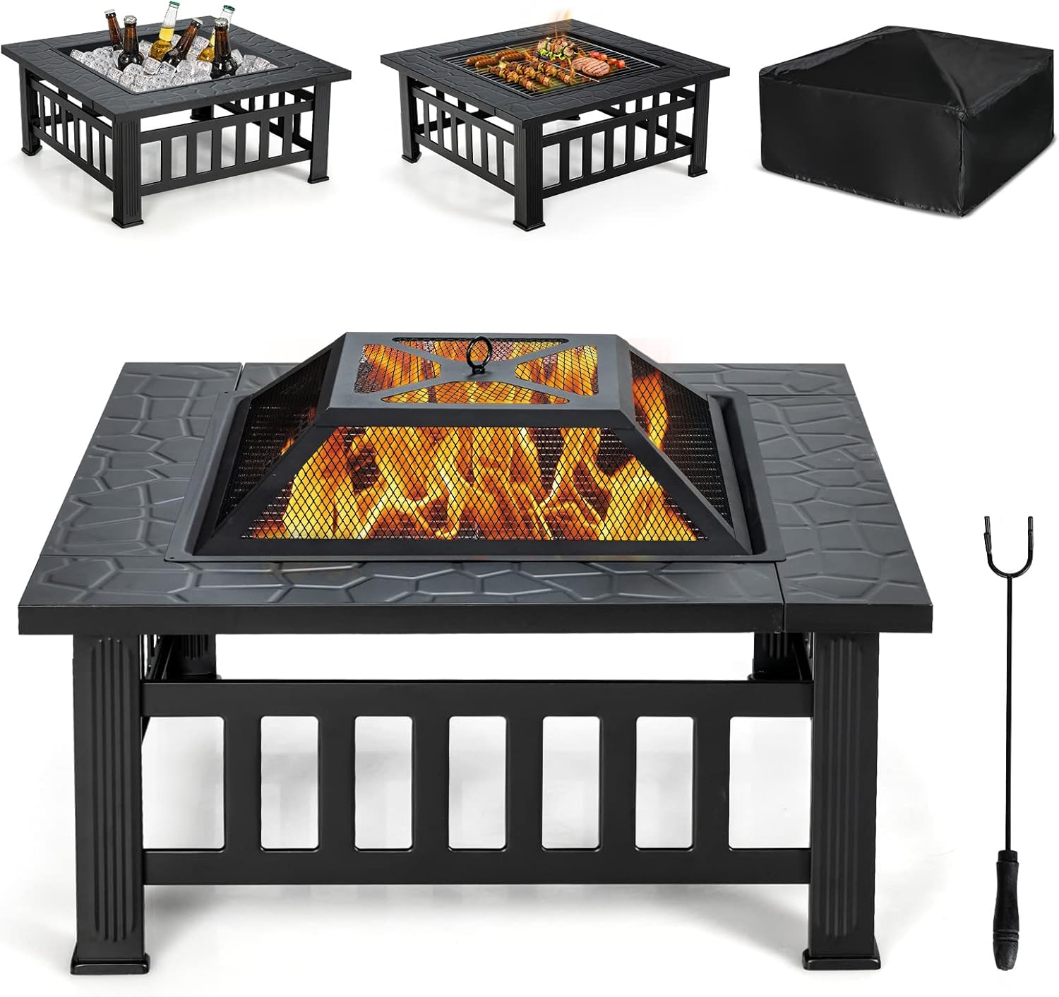 Costway 32&rdquo; 3-In-1 Fire Pit, Outdoor Kitchen Charcoal BBQ Table Grill, Square Stove Bonfire Wood Burning Fireplace W/Spark Screen Cover&Poker, Patio Garden Camping Heater Ice Bucket image number 2