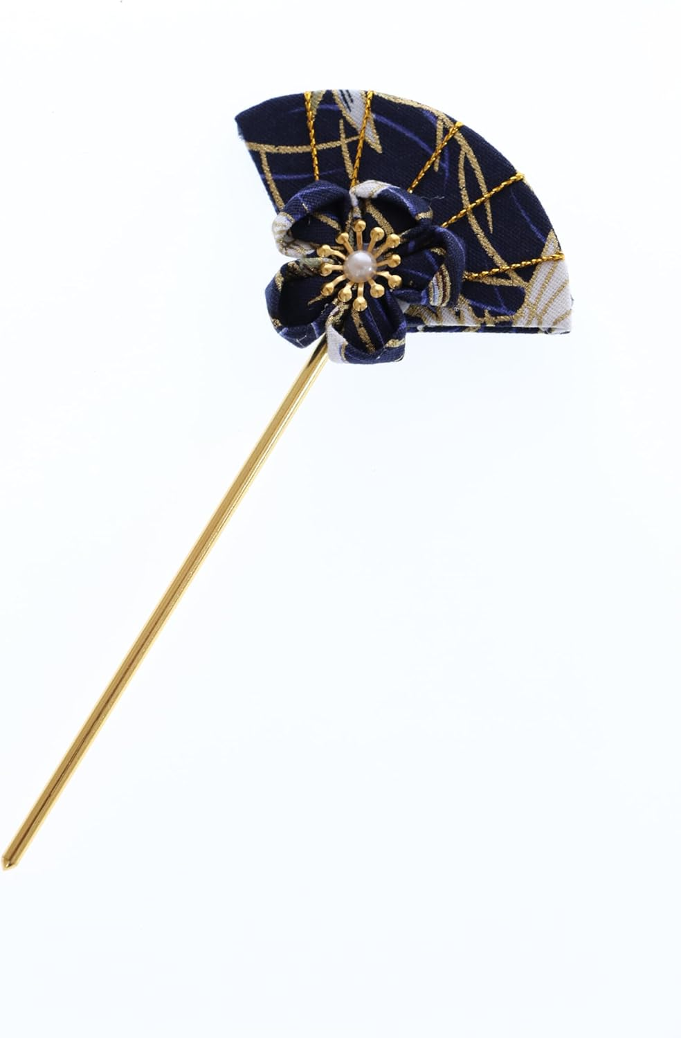 C-121-2 Dark Blue Hair Pin Fan Shape Pin Hair Pin Fabric Flower Sakura Japan Geisha Kimono Accessory image number 2
