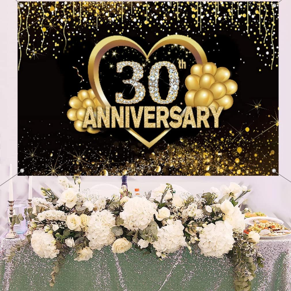 Happy 30Th Anniversary Decoration Banner, 30Th Wedding Anniversary Party Supplies Fabric Sign Poster, Black and Gold Backdrop Decor Photo Background Welcome Sign, 150 Cm X 90 Cm image number 4