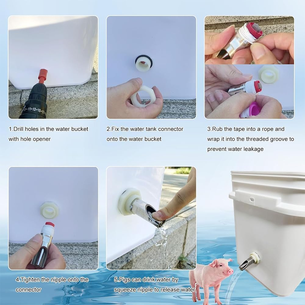 3 PCS Pig Nipple Waterer for Barrel Kit,Automatic Pig Waterer System, Stainless Steel Pig Waterer Drinker Feeder with Water Tank Connectors,For Hog Goat Sows Piglets image number 2