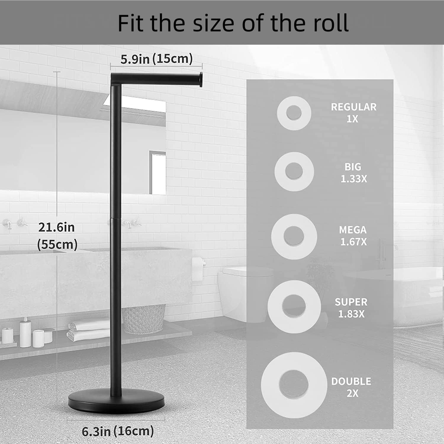 DAIYEE Toilet Paper Holder Stand, Free Standingtoilet Paper Holder Stainless Steel Rust Proof Tissue Roll Holder Floor Stand Storage for Bathroom（Black）
