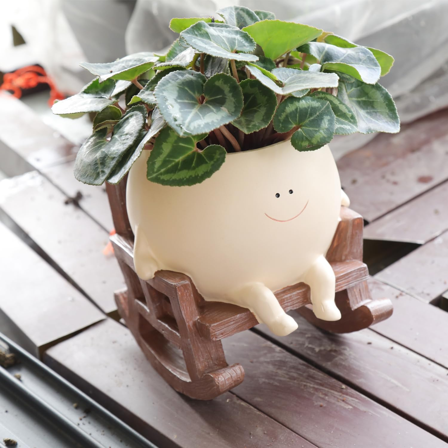 Smily Face Planter Pot Cute Resin Flower Head Planters for Indoor Outdoor Plants Unique Sitting Rocking Chairs Succulent Pots for String of Pearls Plant Live Gift Ideals with Drainage Hole image number 5