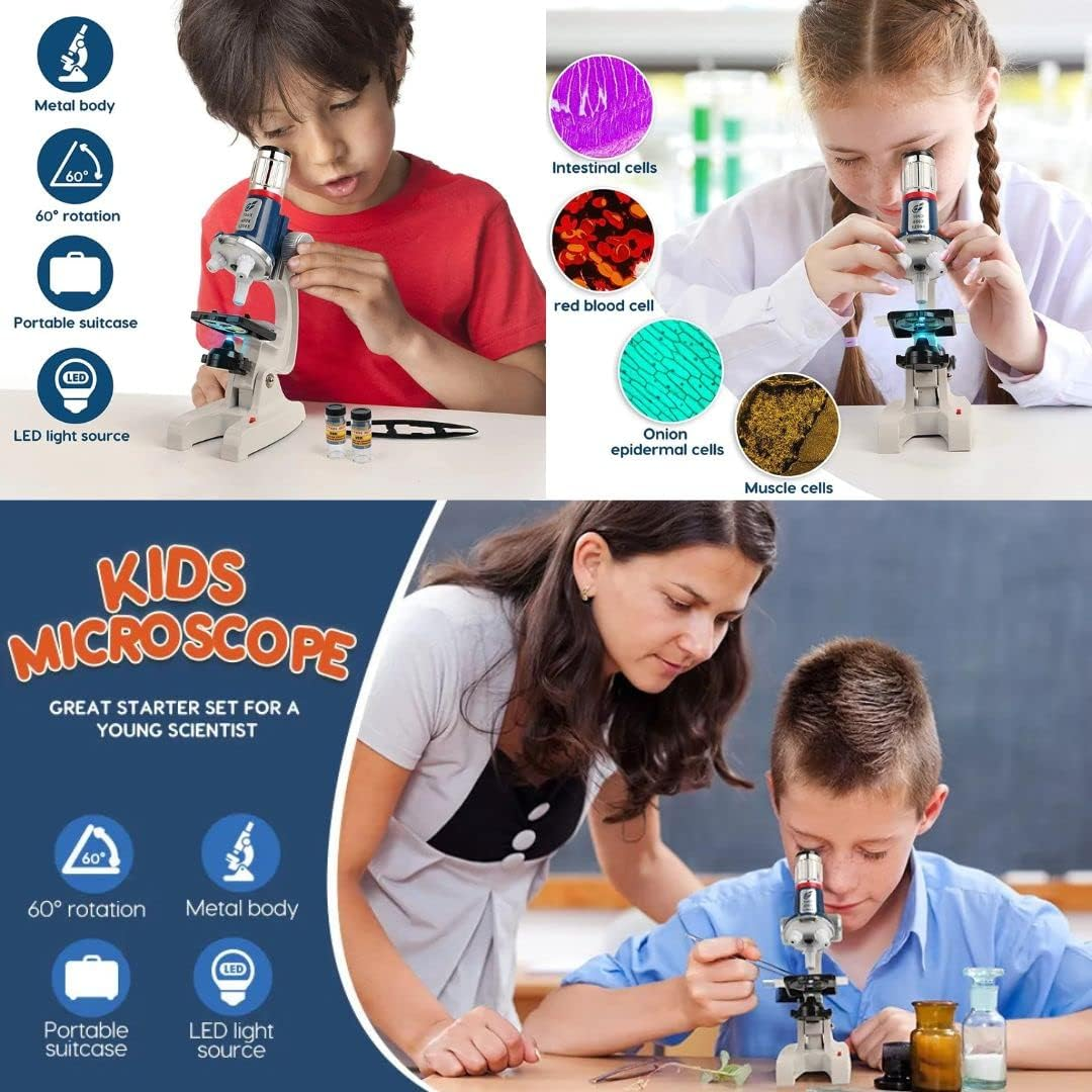 Why2Wise Kids Microscope Kit 100X-1200X Microscope for Kids with Metal Body Microscope, Carrying Box, LED Light, Science Kit STEM Toys for Kids Children Beginner.