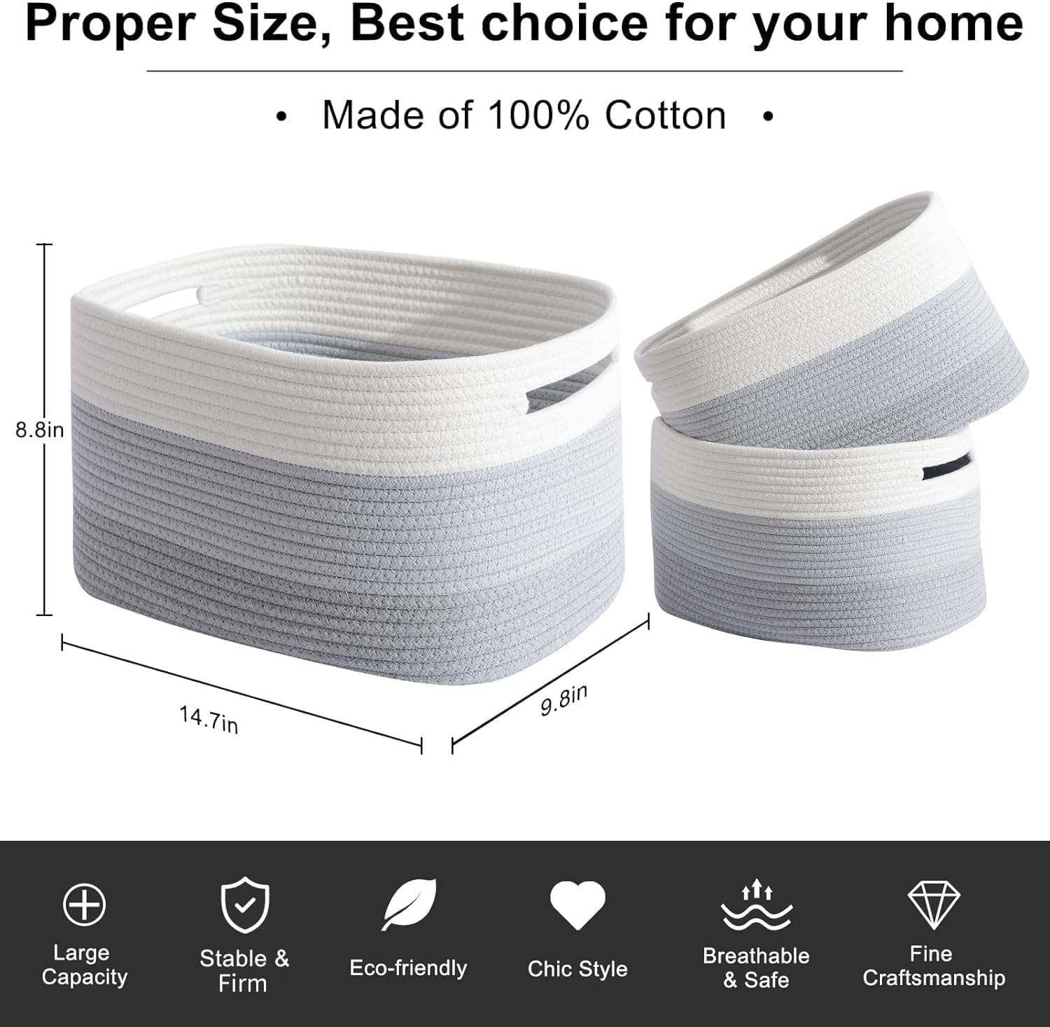 3Pack Storage Basket,Storage Basket for Organizing, Woven Baskets for Storage, Cotton Rope Basket for Toys&Books,Towel Baskets for Bathroom,Baby Organizing Baskets (Grey) image number 4