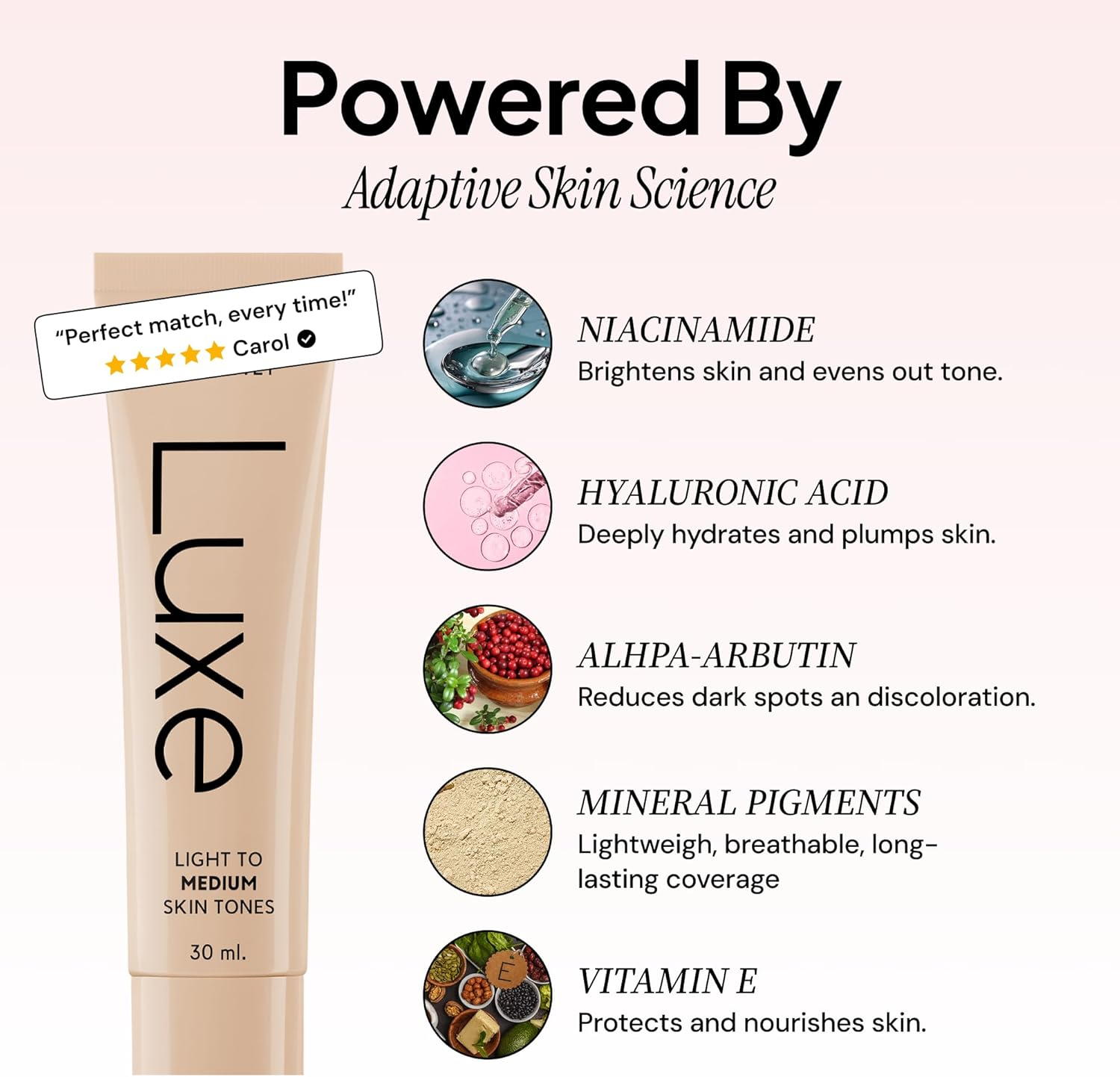 Luxe Color Changing Foundation for Women &ndash; Instantly Adapts to Your Skin Tone &ndash; Buildable Light-To-Medium Coverage &ndash; 12-Hour Wear &ndash; Natural Dewy Finish