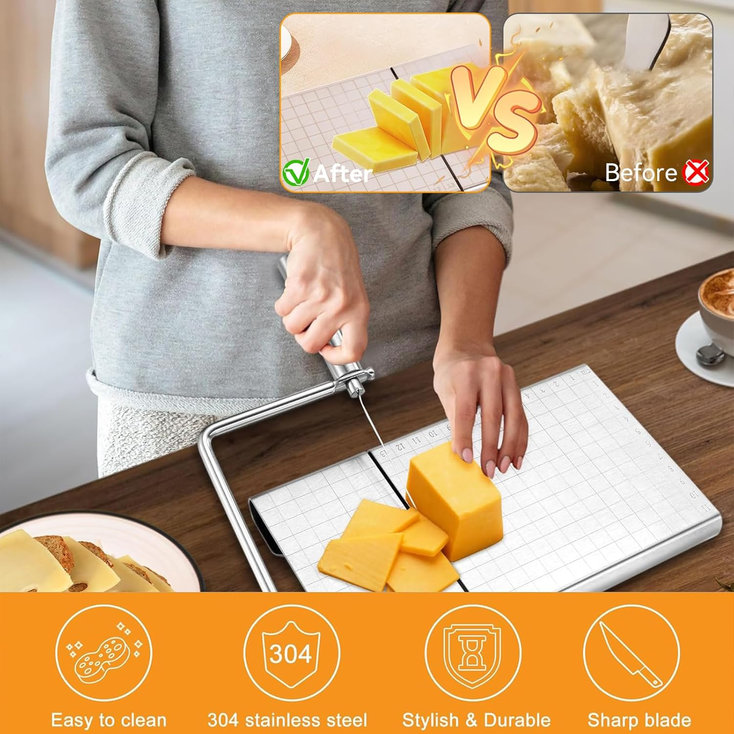 Aymorder Stainless Steel Cheese Cutter with 5 Extra Wires, Adjustable Slicer, Non-Slip Food Cutter for Cheese, Butter, Cake, Sausage (Silver) image number 2