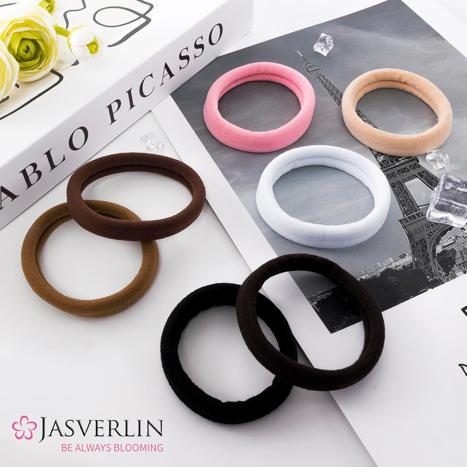 JASVERLIN Black Large Thick Hair Ties, Seamless Cotton Fabric, Stretchy Ponytail Holders Soft Skinny Scrunchies No Damage Hair Bands for Girls Women Men 2.4Inch 30 Pcs image number 6