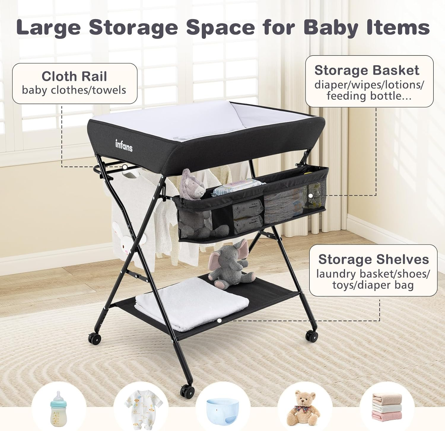 INFANS Baby Changing Table with Wheels, Portable Folding Diaper Station Nursery Organizer with Storage Basket, Hanging Rack, Adjustable Height, Safety Belt for Newborn Infant (Black) - Gray image number 5