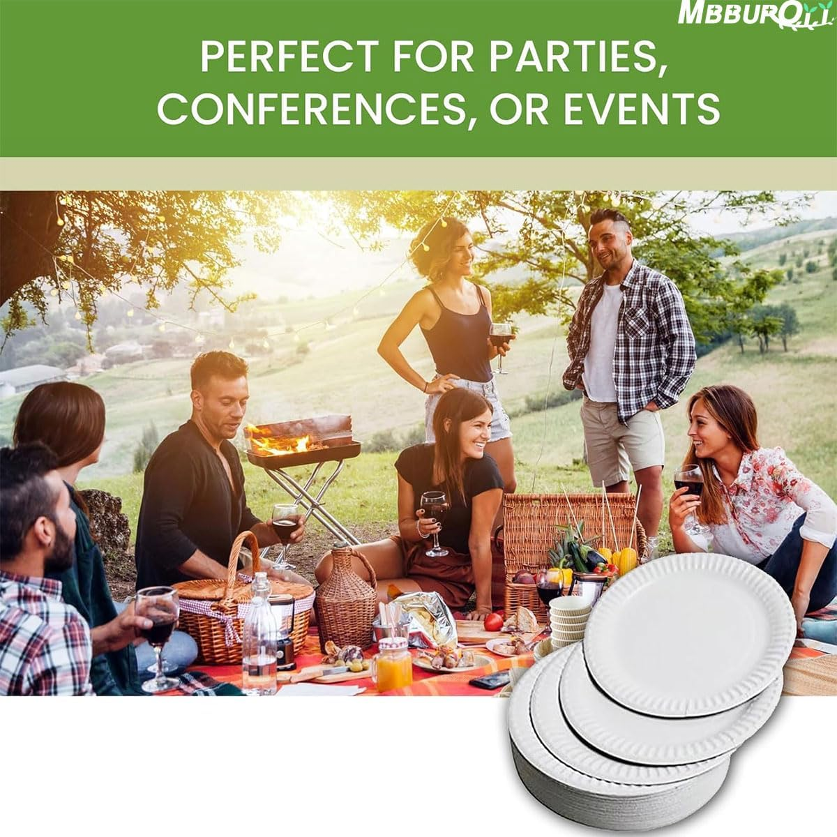 MBBUROYY 100% Compostable Small Paper Plates, 100 Pack 7 Inch Disposable Paper Plates, Uncoated Biodegradable Plates Made of Sugar Cane Fibers, Perfect for Sandwich, Cake, and Snack - 9'' Inch image number 2