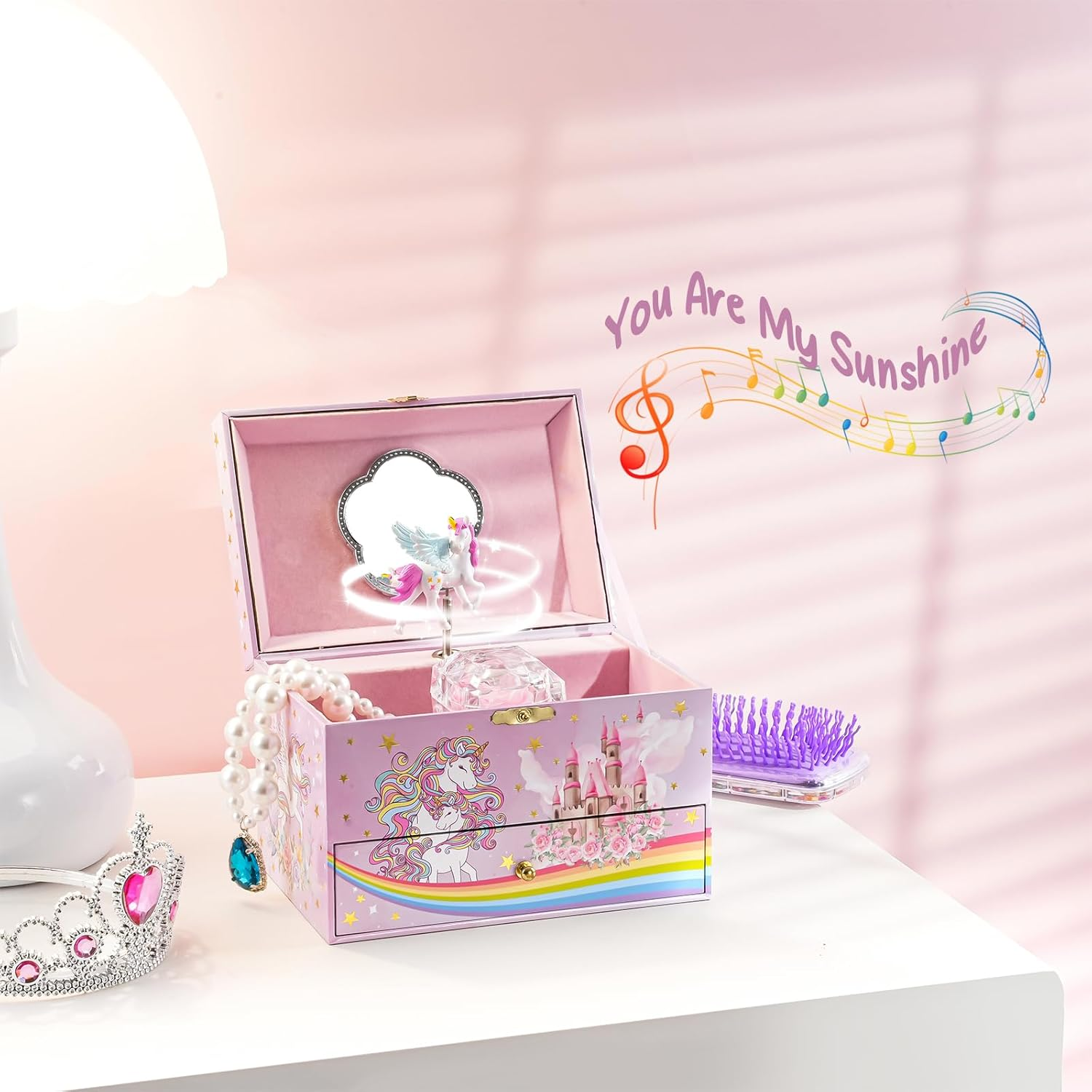 Procase Children'S Jewelry Box, Kids Jewelry Organizer with Unicorn for Little Girls, Jewelry Case for Toddler Age 2 3 4 5 6 7 8 -You'Re My Sunshine image number 6