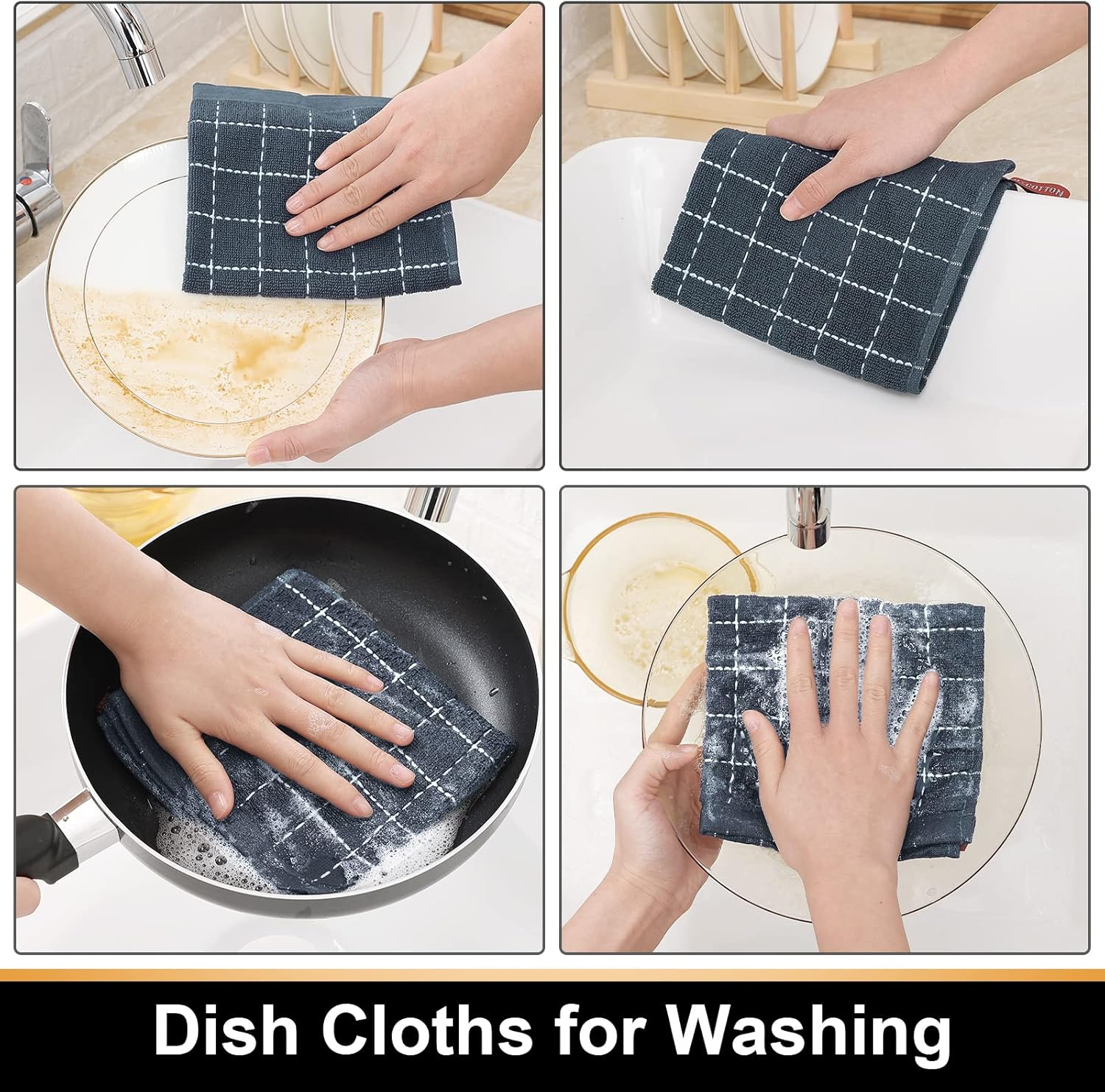 Mordimy 100% Cotton Terry Cloth Dish Cloths, Soft and Absorbent Checkered Dish Towels, Quick Drying Dish Rags for Washing Dishes, 12 Pack, 12 X 12 Inches, Grey image number 3