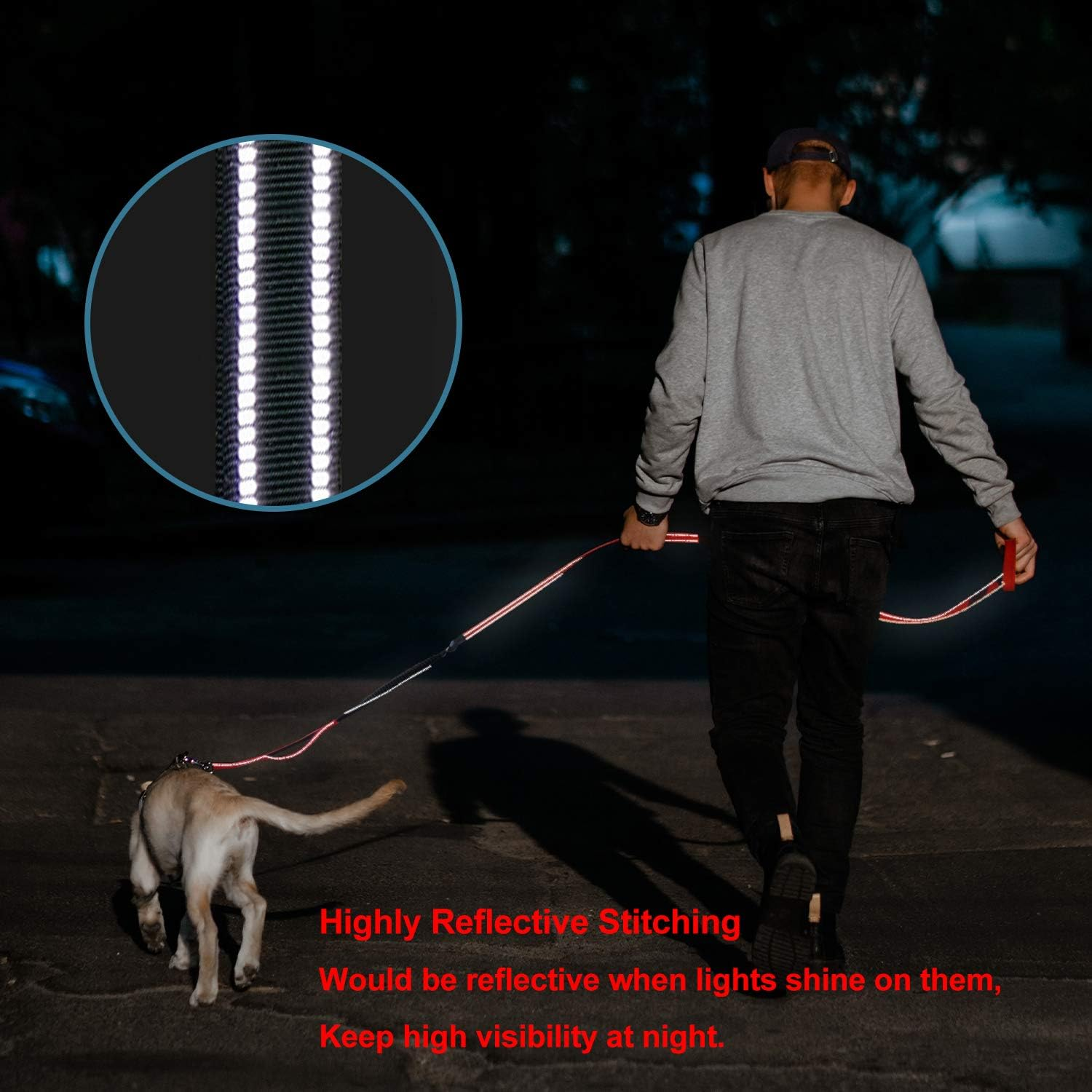 LOS ANDES Heavy Duty Dog Leash - 5-8 FT Walking Leash with Traffic Handle, Shock Absorbing Bungee, Reflective Lead for Medium & Large Dogs, Red