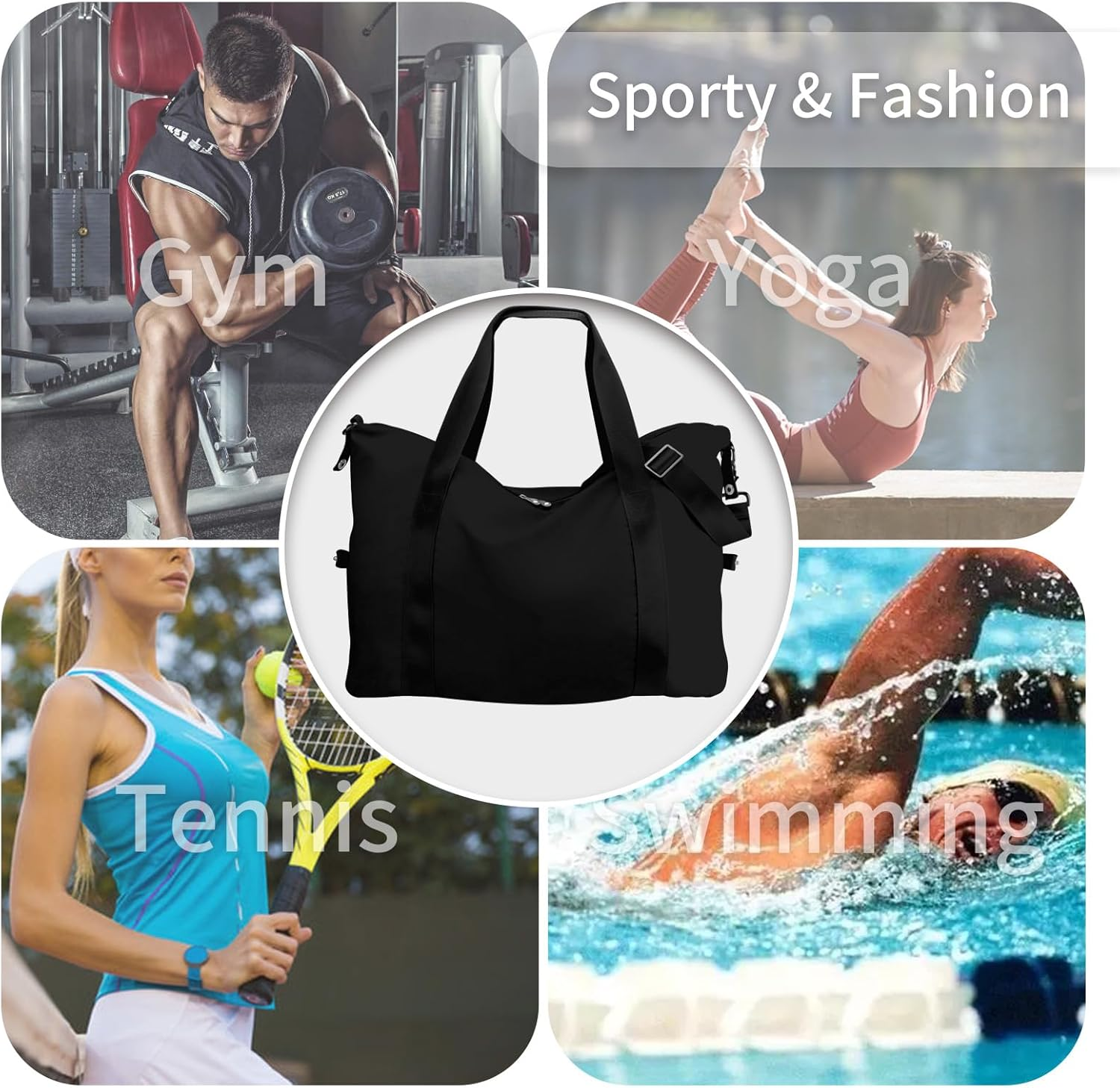 WALNEW Large Folding Gym Tote Bag for Women Men, Travel Carry on Overnight Weekender Duffle Bag, Waterproof Lightweight Sports Duffel Bag with Wet Pocket, Black - Klein Blue image number 4