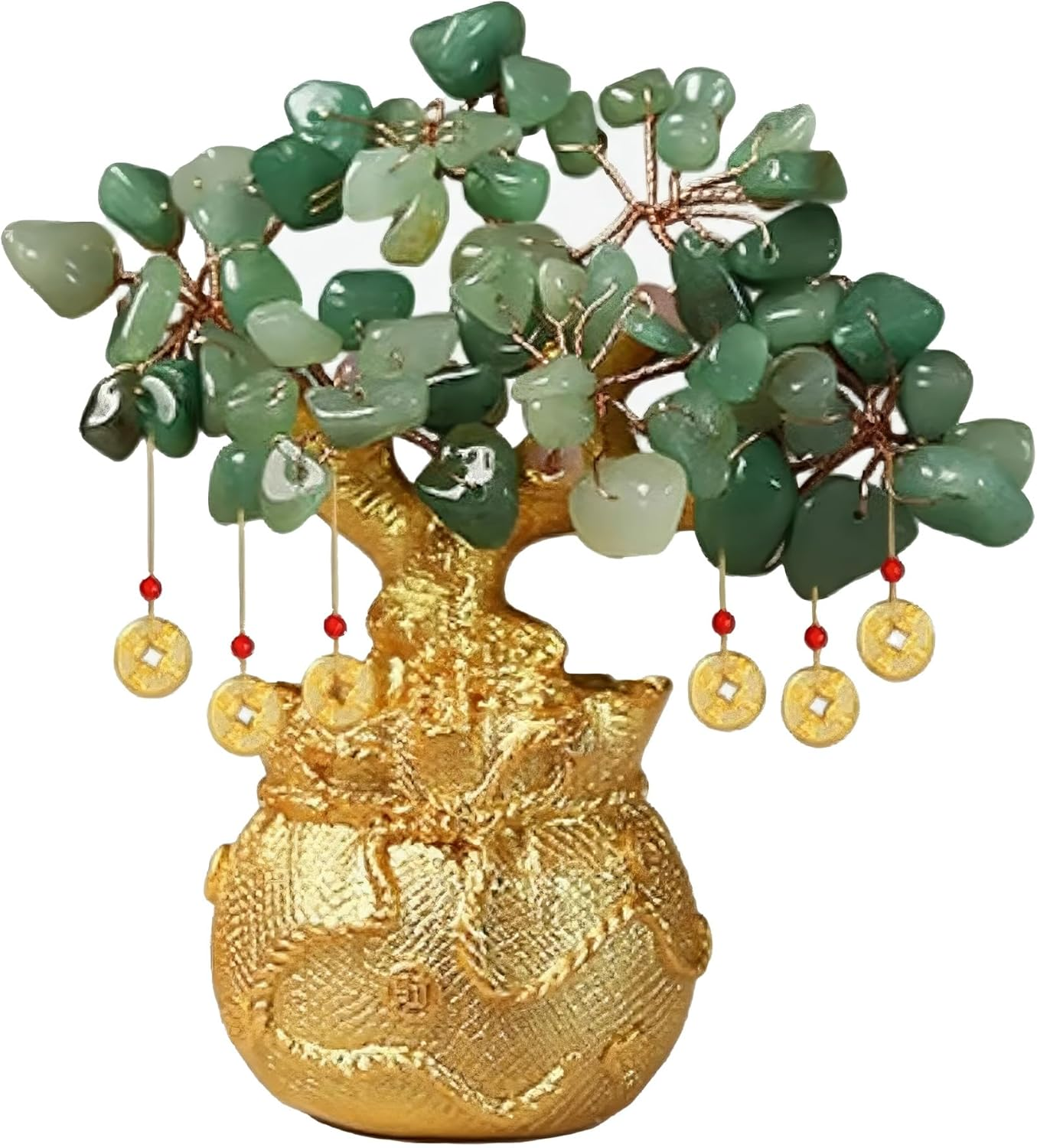 Green Aventurine Money Tree &ndash; Feng Shui Wealth Prosperity Golden Bag Bonsai Lucky Gemstone Home Office Decor (14Cm Height)