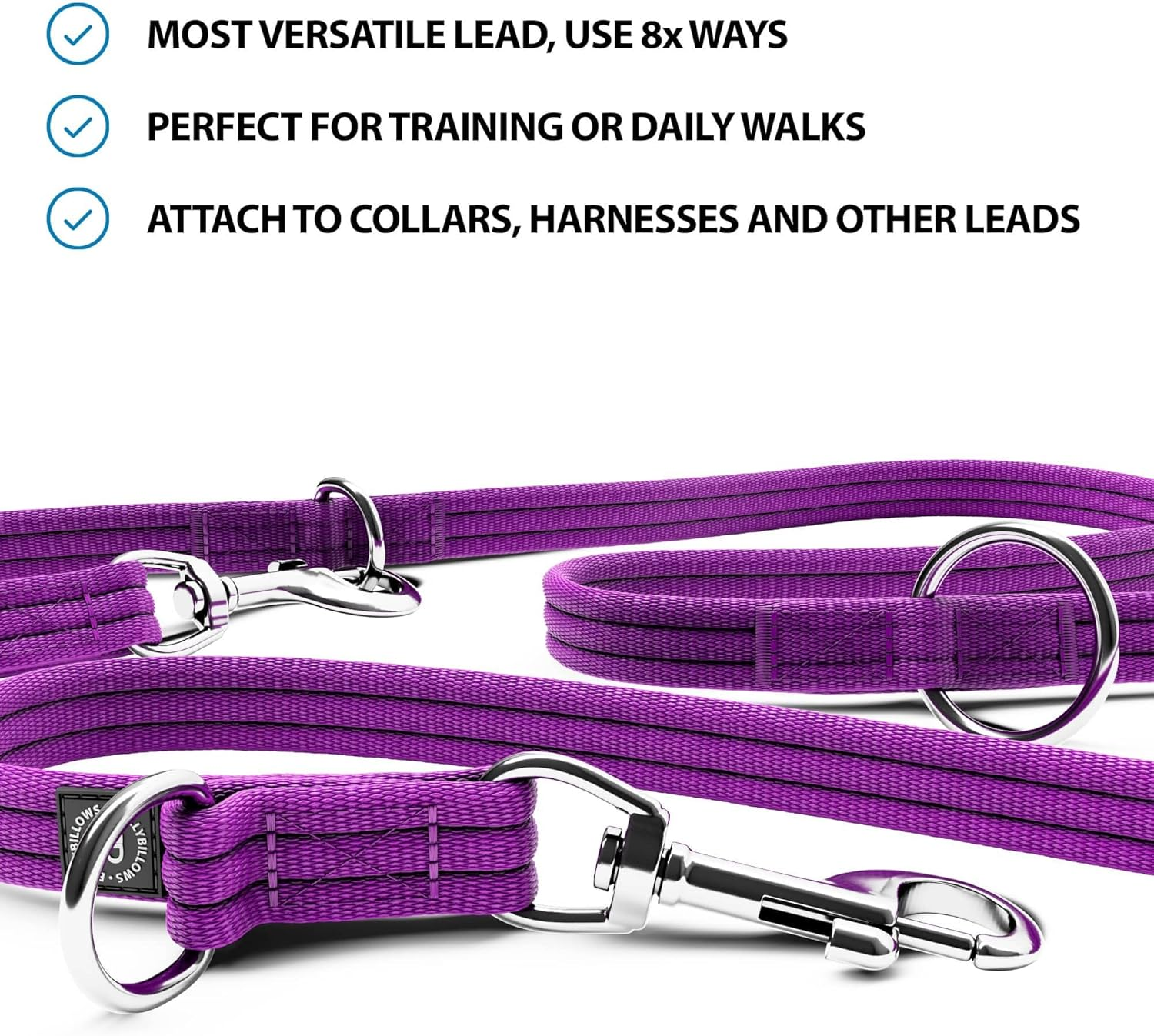Bullybillows Double Ended Training Dog Lead | Multi-Functional Dog Lead | Medium or Long Length for Obedience Training or Distance Work | Purple image number 2