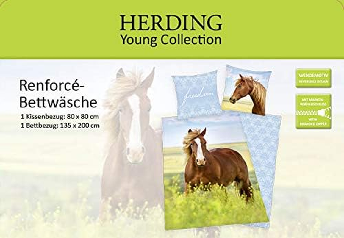Herding Young Collection Bedding Set, Reversible Motif Horses, Duvet Cover 135 X 200 Cm, Pillow Case 80 X 80 Cm, Cotton/Renforc&eacute;