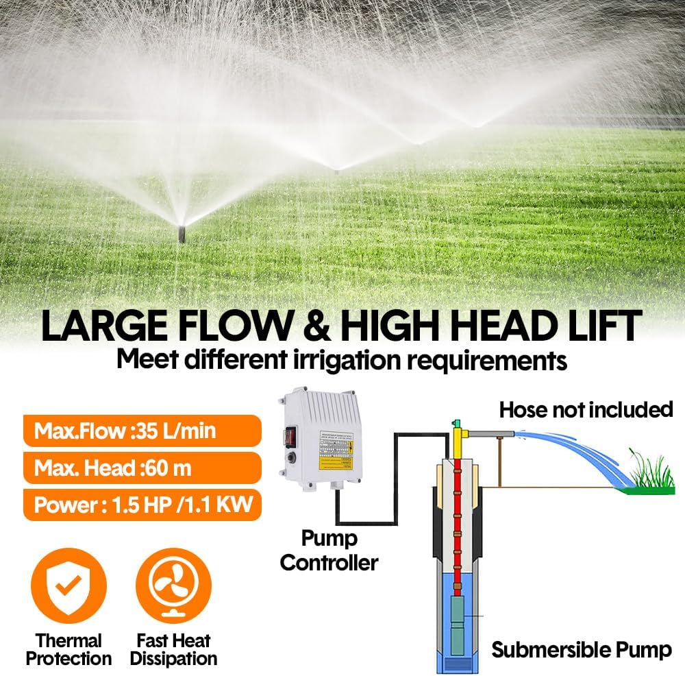 1.5HP 1100W Submersible Bore Pump 240V Deep Well Water Pump Borehole Water Pump Stainless Steel Max Head 60M for Industrial Irrigation Livestock Home Use