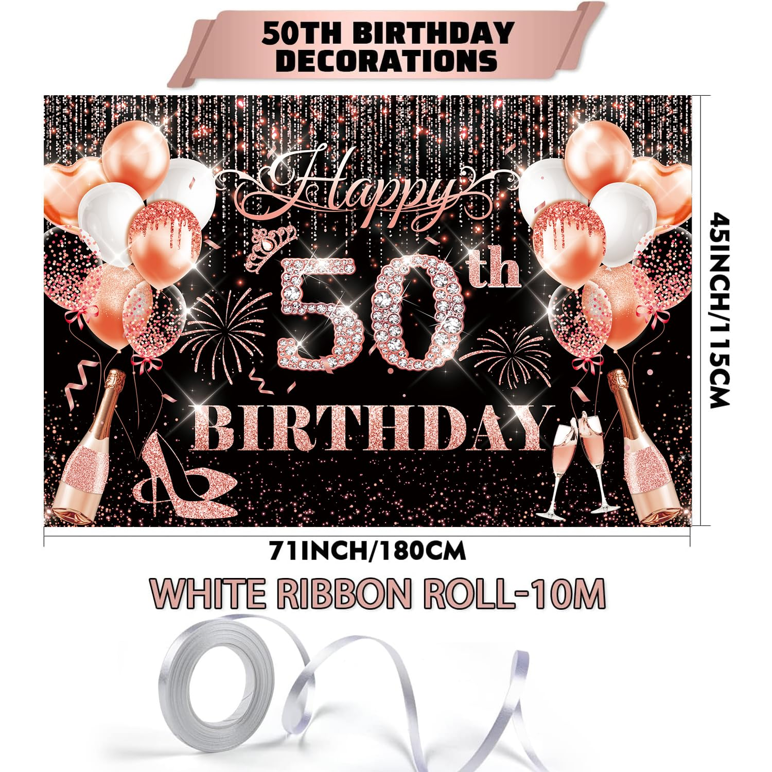 50Th Birthday Decorations for Women Her, Rose Gold 50Th Happy Birthday Banner Backdrop Decor Welcome Background Sign for Fifty Year Old Birthday Party Supplies Indoor Outdoor 71 X 45 Inchs - Color image number 5