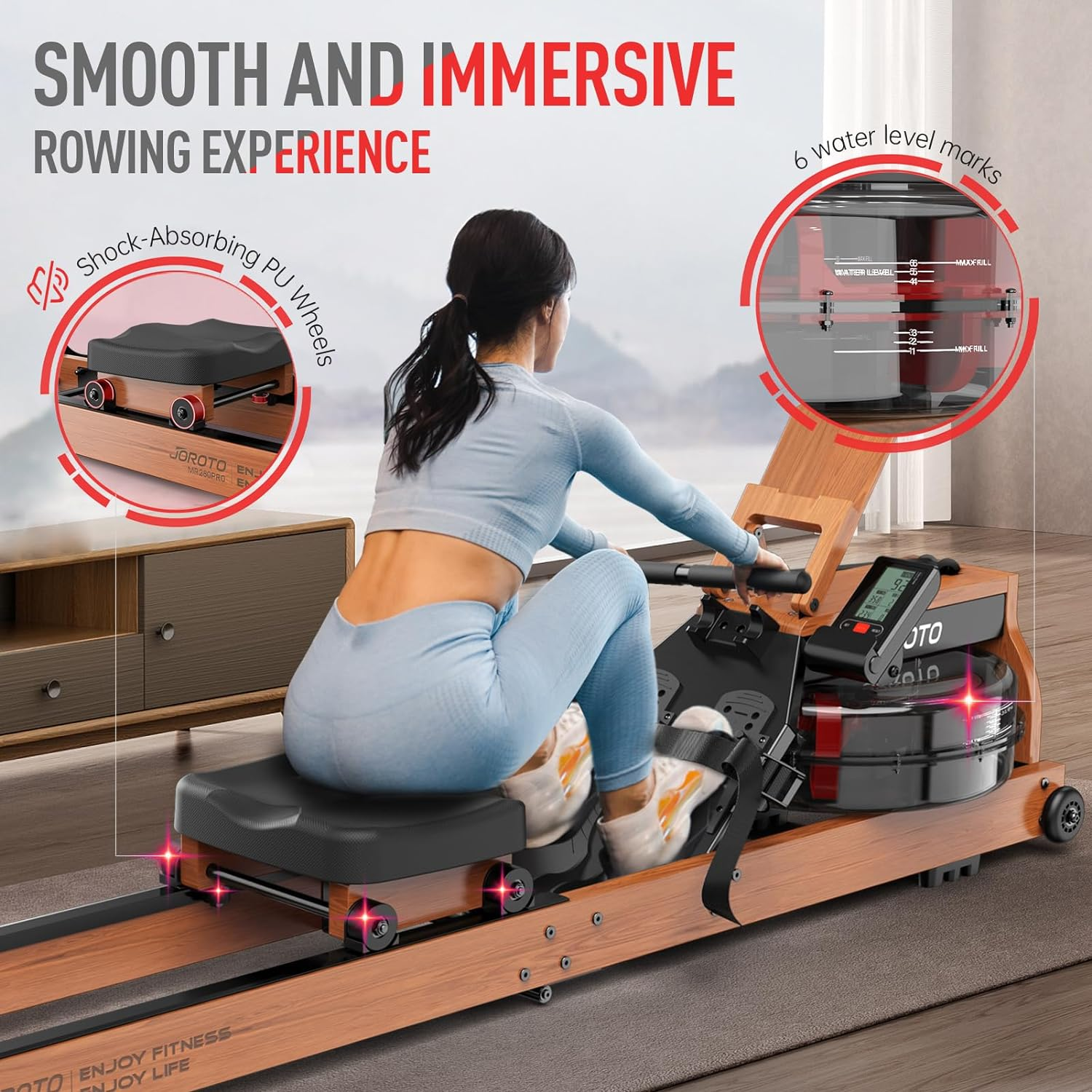JOROTO MR280 Water Rowing Machine for Home Use, Oak Wood Foldable Rower Machine 330Lbs Weight Capacity with Bluetooth Monitor,Phone Holder |Adjustable Tablet Holder image number 6